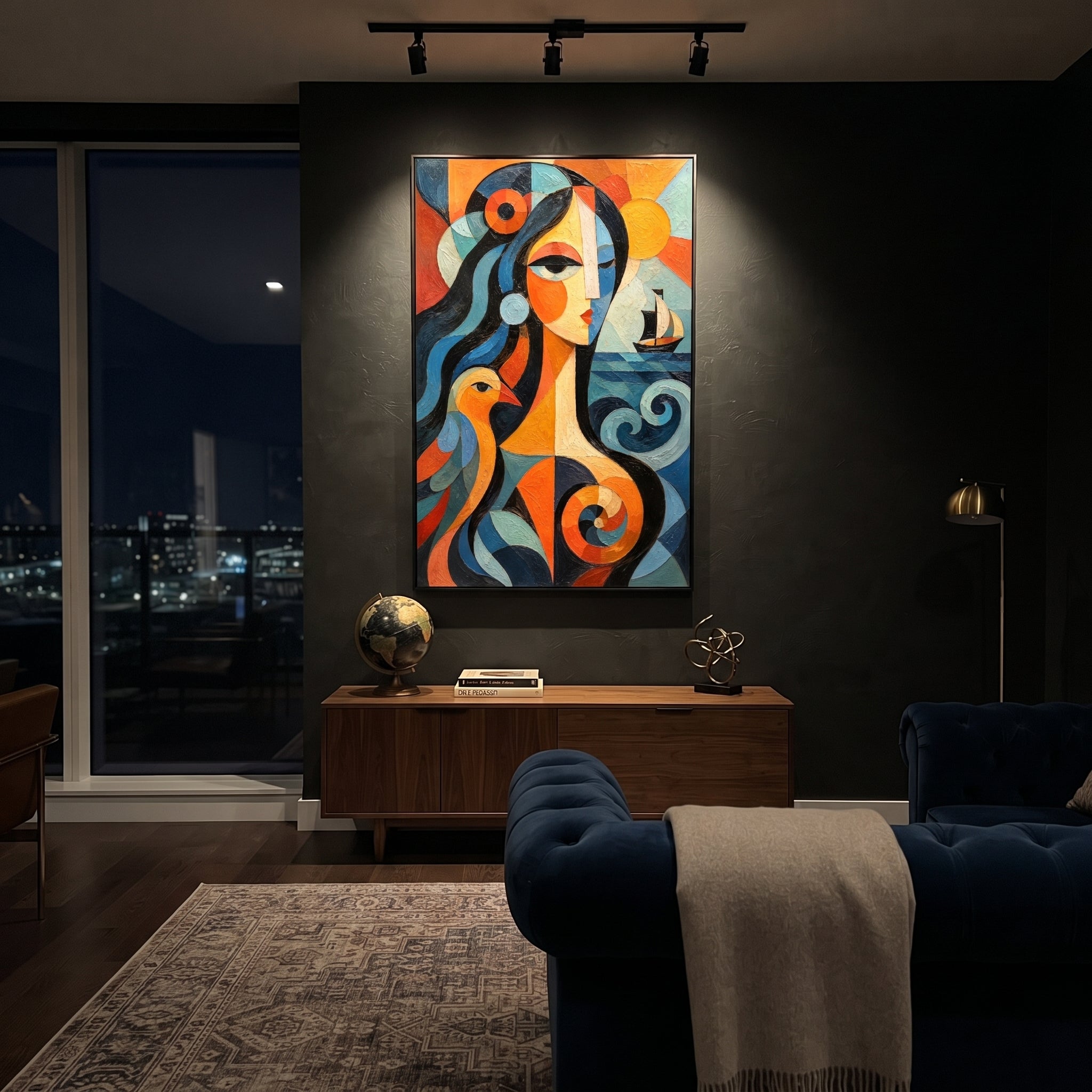 "Athena Watching The Black Sail" presents guidance as a calm face turned toward the voyage. The bird, boat, and spiral waves suggest wisdom watching over the route, while orange and blue geometry gives the goddess a vivid protective force for the homeward journey.