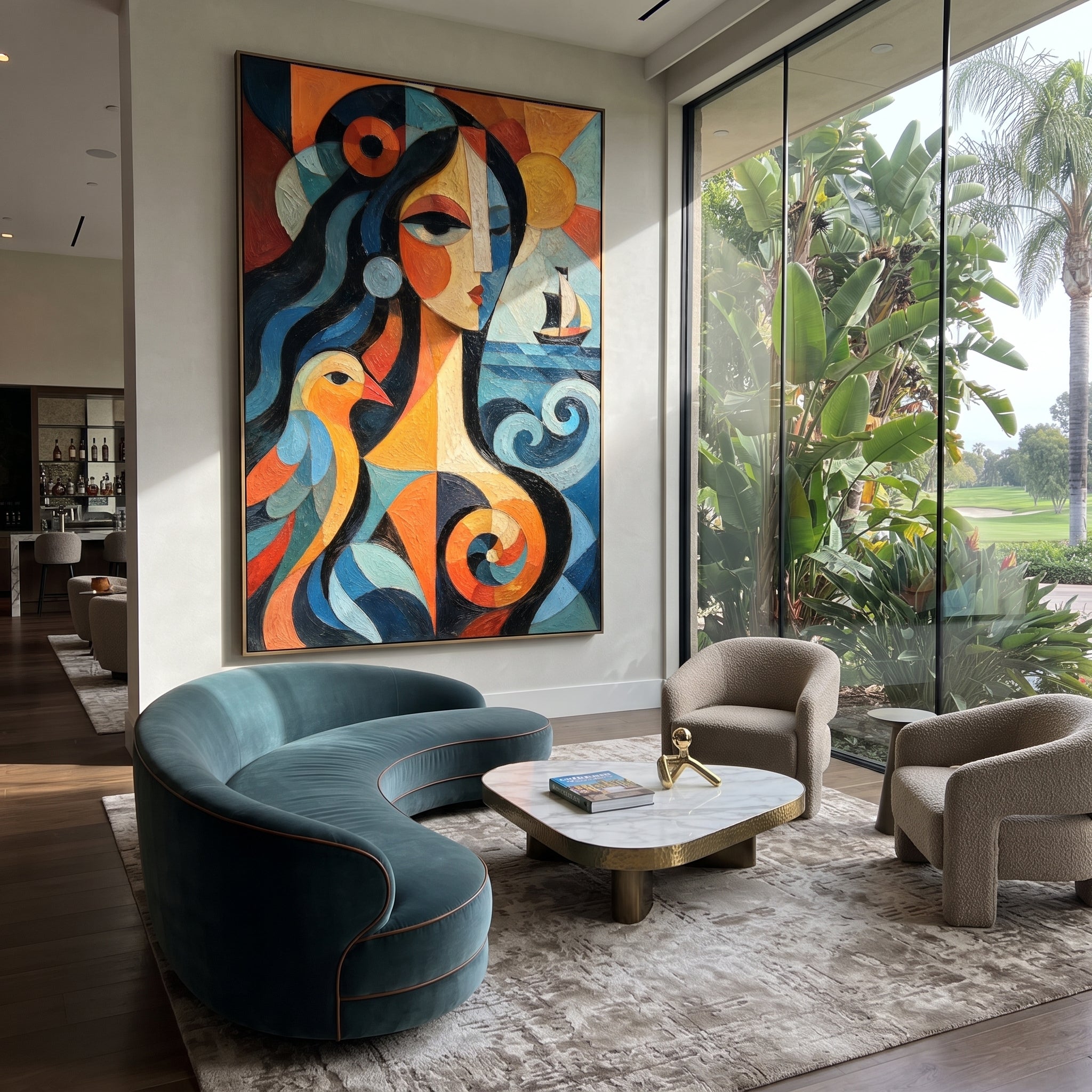 "Athena Watching The Black Sail" presents guidance as a calm face turned toward the voyage. The bird, boat, and spiral waves suggest wisdom watching over the route, while orange and blue geometry gives the goddess a vivid protective force for the homeward journey.