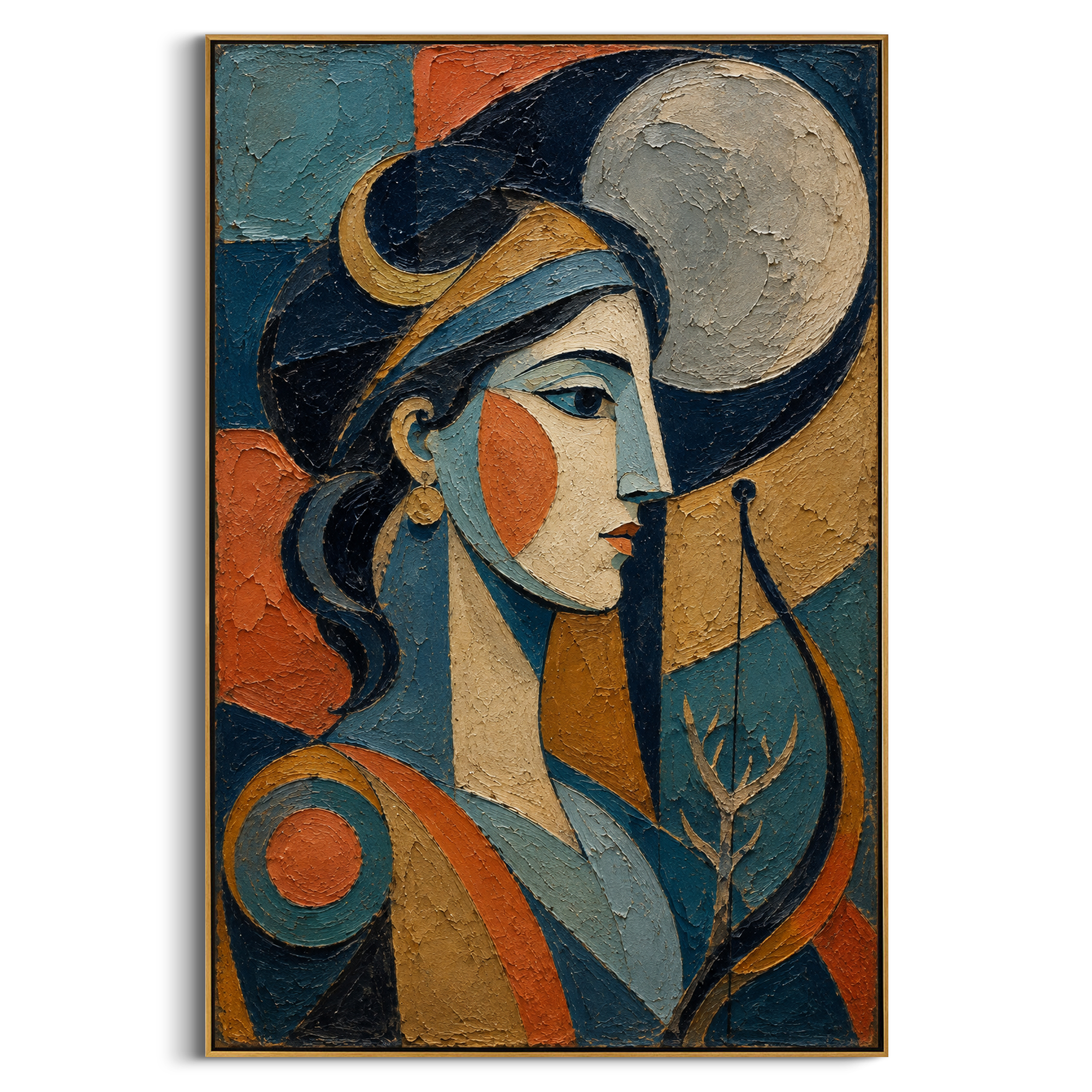 A moonlit huntress turns in profile as if listening to a distant shore. The blue arcs, amber fields, and bare branch turn the scene into a quiet omen from the Odyssey night.
