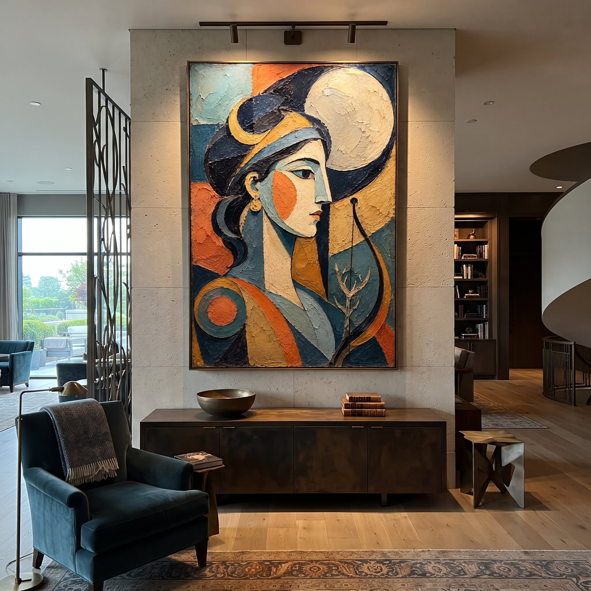 A moonlit huntress turns in profile as if listening to a distant shore. The blue arcs, amber fields, and bare branch turn the scene into a quiet omen from the Odyssey night.