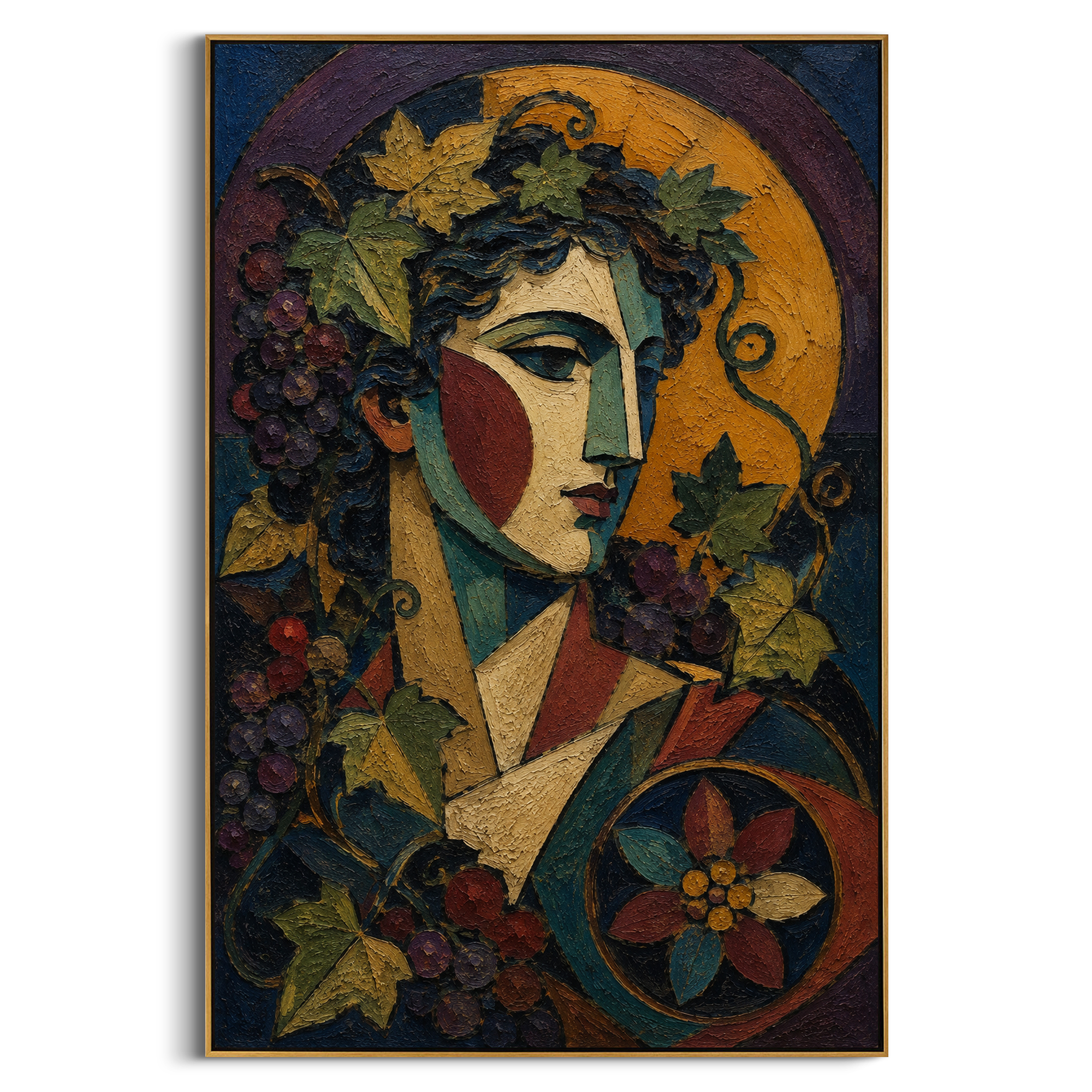 Grapes and ivy gather around a solemn face beneath a golden circle. The painting feels like a feast paused before departure, where abundance still carries the weight of prophecy.