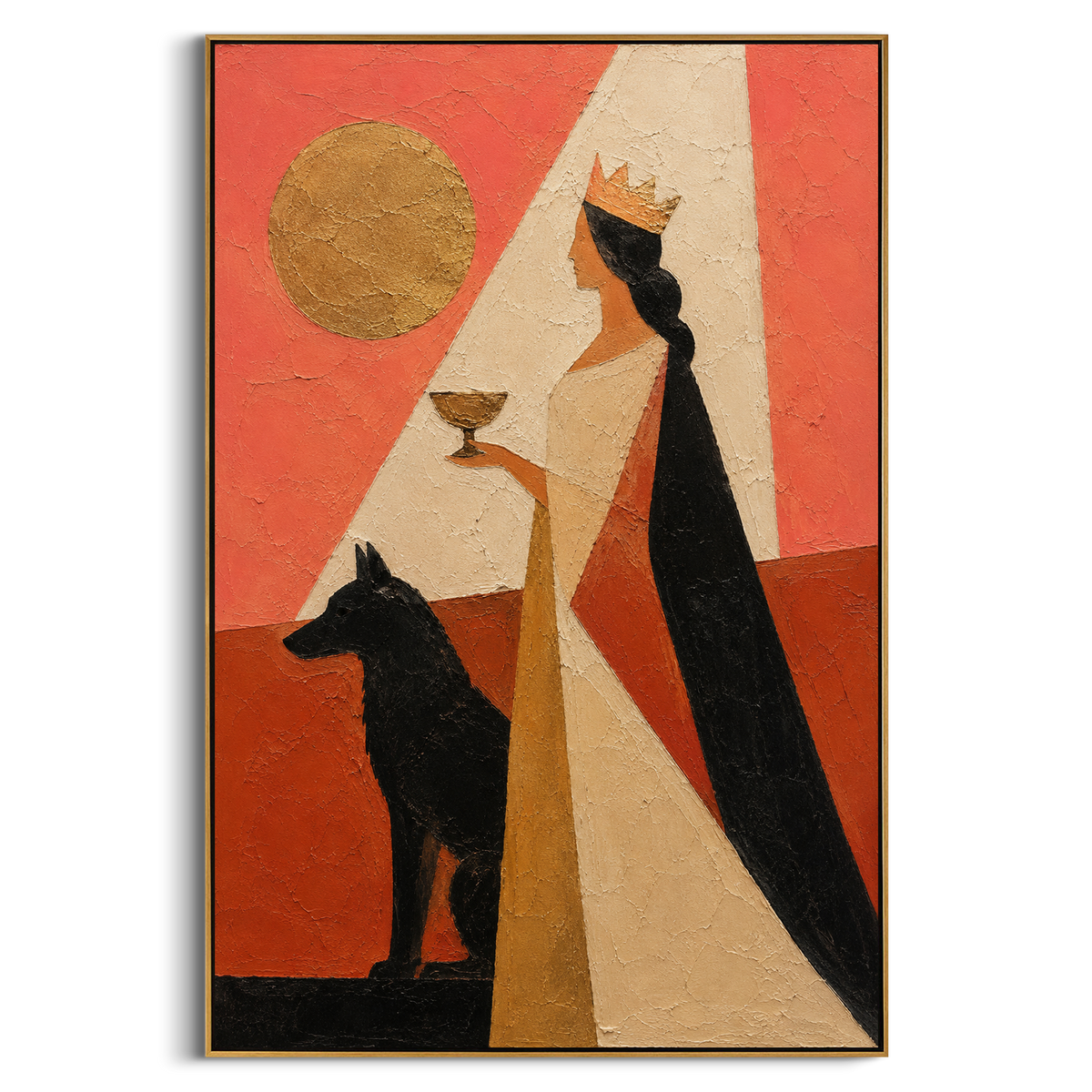 "Persephone Cup Beside The Black Hound" - Modern Heavy Impasto Western Animal Artwork | Orange & Black Palette Knife Painting | Luxury Vertical Wall Art #PT 1252