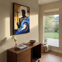 Poseidon stands beside his trident as a blue wave coils around him. The golden wall behind him turns the sea into a force of judgment, beautiful and impossible to command.