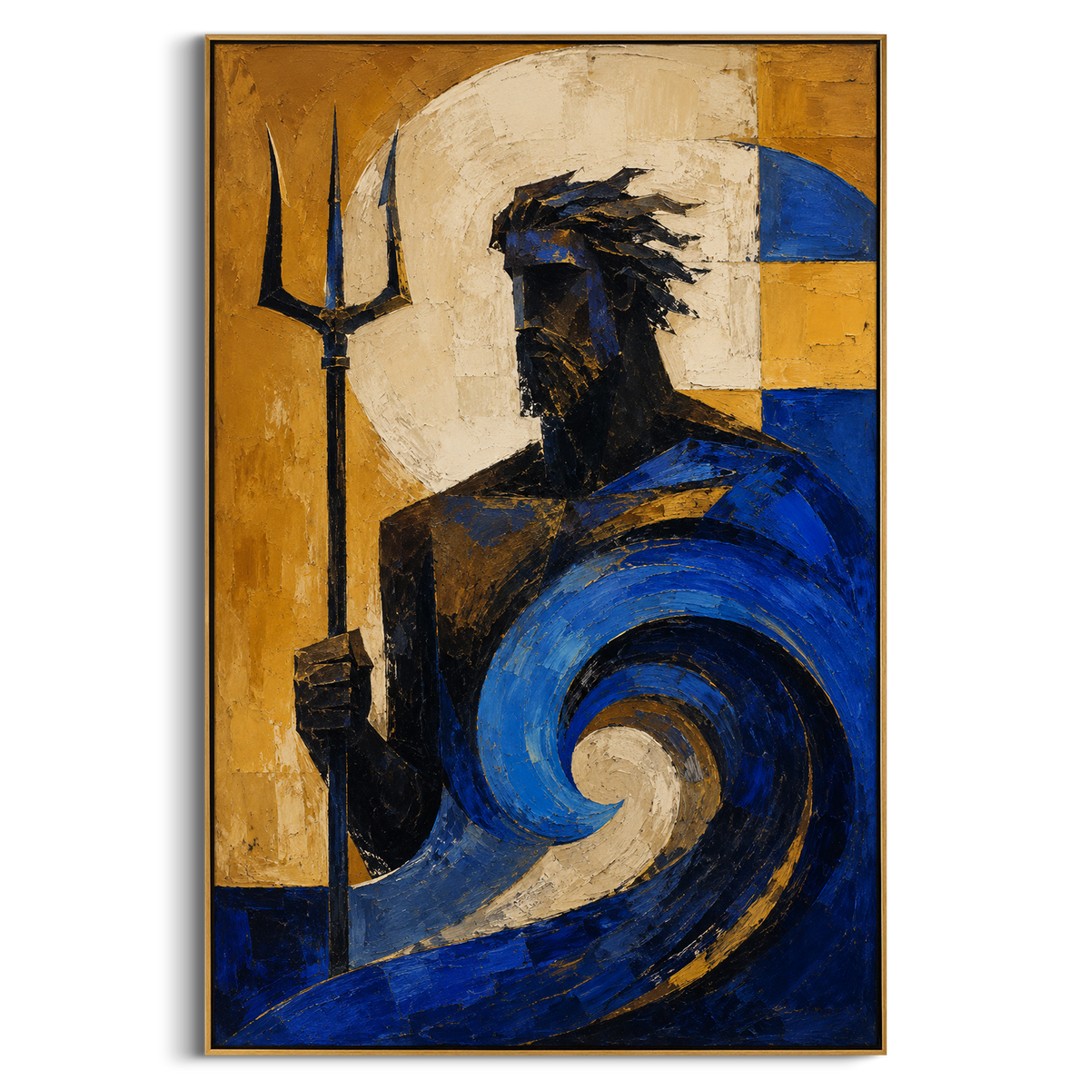 "Poseidon Rising From The Blue Spiral" - Modern Heavy Impasto Coastal Landscape | Blue & Golden Palette Knife Painting | Luxury Vertical Wall Art #PT 1253