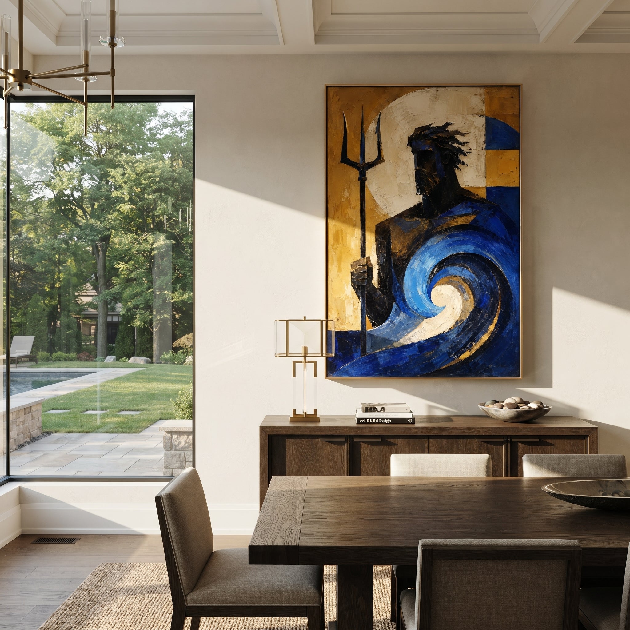 Poseidon stands beside his trident as a blue wave coils around him. The golden wall behind him turns the sea into a force of judgment, beautiful and impossible to command.