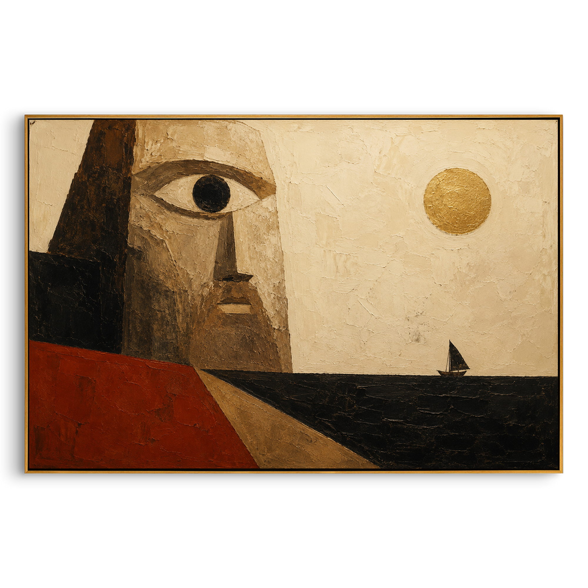 A single huge eye stares across a black sea toward a tiny sail. The broad quiet space makes the escape feel dangerous and small, as if the whole horizon is holding its breath.