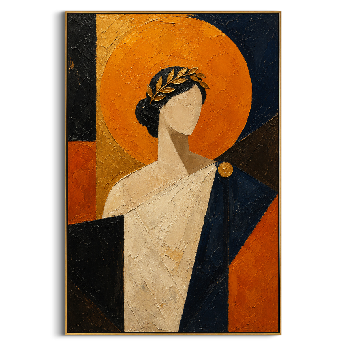 "Laurel Figure Before The Orange Sun" - Modern Heavy Impasto Geometric Abstract | Orange & Black Palette Knife Painting | Luxury Vertical Wall Art #PT 1255