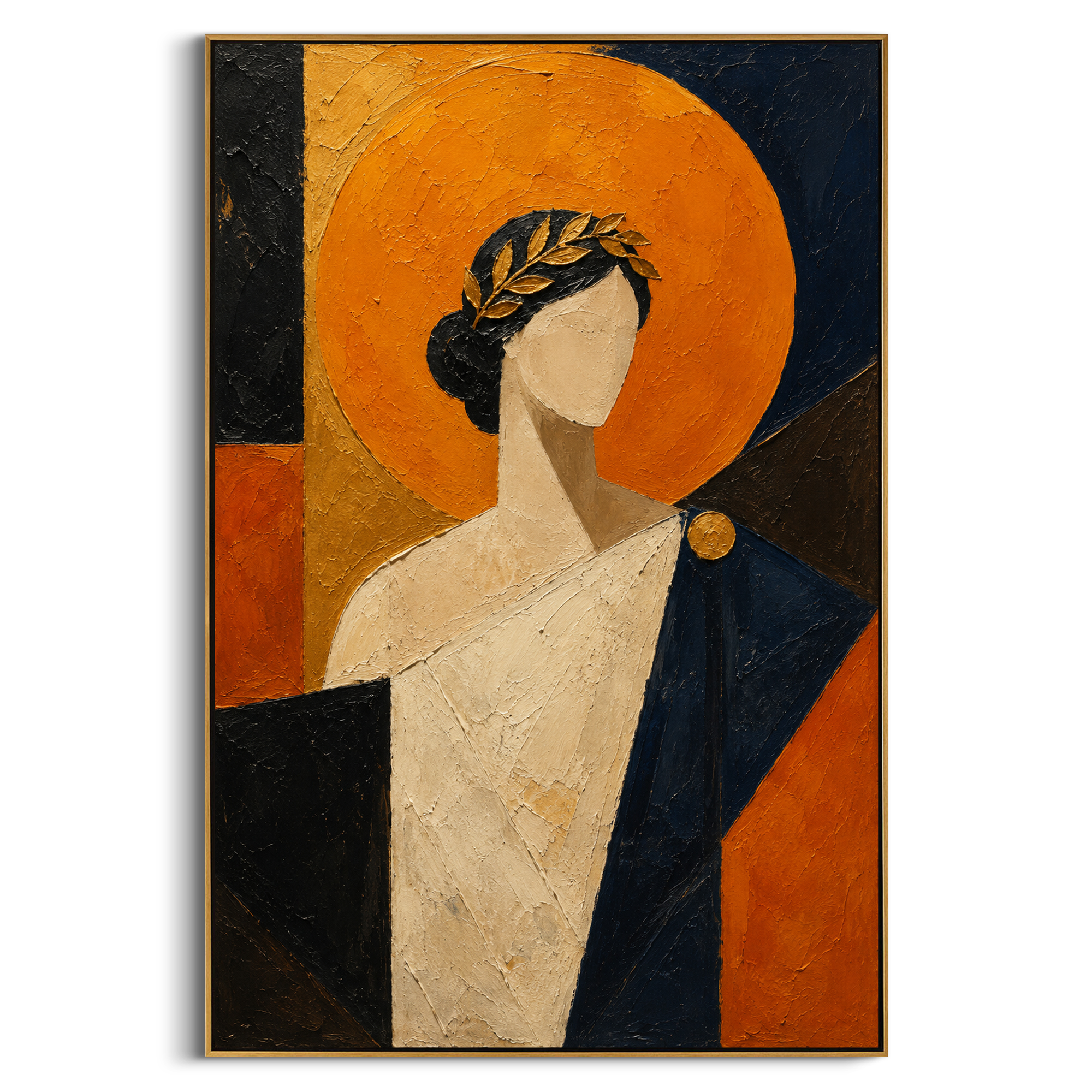 A quiet laureled figure stands before an orange sun like a verdict. The bare face keeps the myth open, turning the portrait into a memory of honor, exile, and return.
