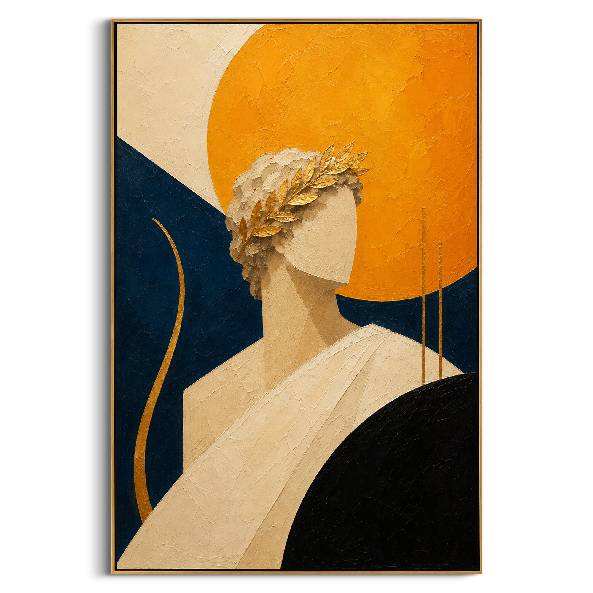 A pale head rises against a golden disc while blue and black arcs press around the figure. It reads like Apollo's distant light touching a traveler who still cannot see the road ahead.