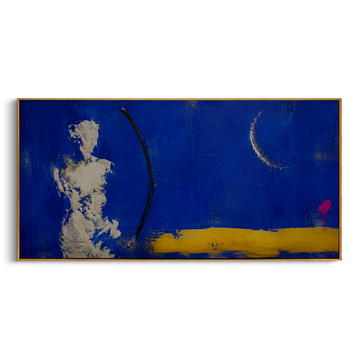 "Archer Under The Crescent Blue Night" - Modern Heavy Impasto Abstract Artwork | Blue & Golden Palette Knife Painting | Luxury Horizontal Wall Art #PT 1257