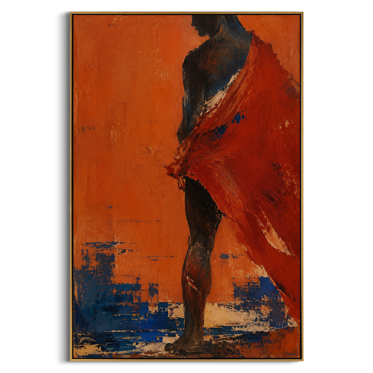 "Red Cloak Crossing The Burning Shore" - Modern Heavy Impasto Coastal Landscape | Orange & Red Palette Knife Painting | Luxury Vertical Wall Art #PT 1258