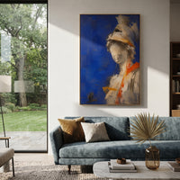 A helmeted figure turns from the blue field while a small owl keeps watch below. The image carries Athena's cool intelligence, half armor and half omen, guarding the path home.