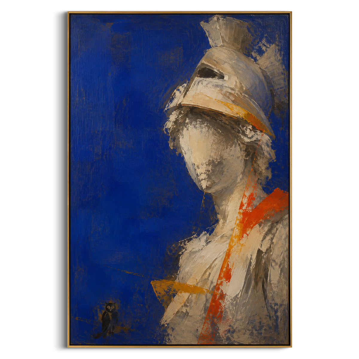 "Athena Helmet With The Watching Owl" - Modern Heavy Impasto Western Animal Artwork | Blue & White Palette Knife Painting | Luxury Vertical Wall Art #PT 1259