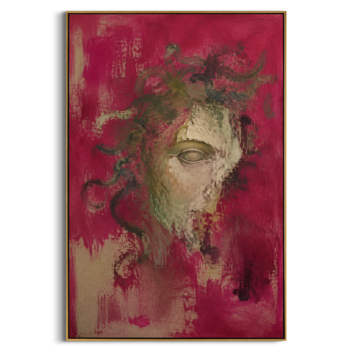 "Medusa Mask On The Rose Wall" - Modern Heavy Impasto Geometric Abstract | Pink & Green Palette Knife Painting | Luxury Vertical Wall Art #PT 1261
