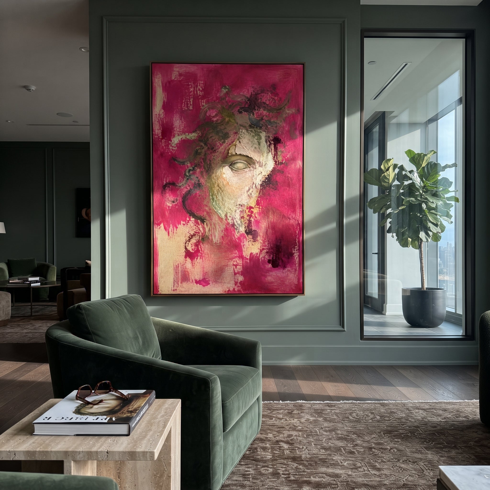 A broken mask emerges from rose color while green serpent lines drift around it. The image suggests Medusa after the myth has faded, still powerful in fragments and silence.