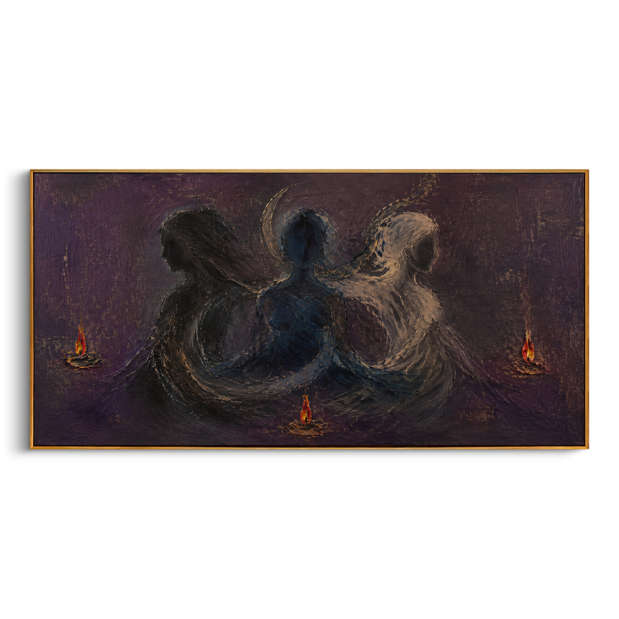 Three figures sit back to back as small fires burn around them. The scene feels like the Fates measuring a journey in darkness, each flame marking a choice that cannot be taken back.