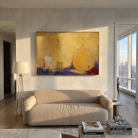 A pale figure waits beside a lyre while a great golden sun fills the wall. The painting turns Apollo's music into heat and stillness, a pause before the next sea road opens.