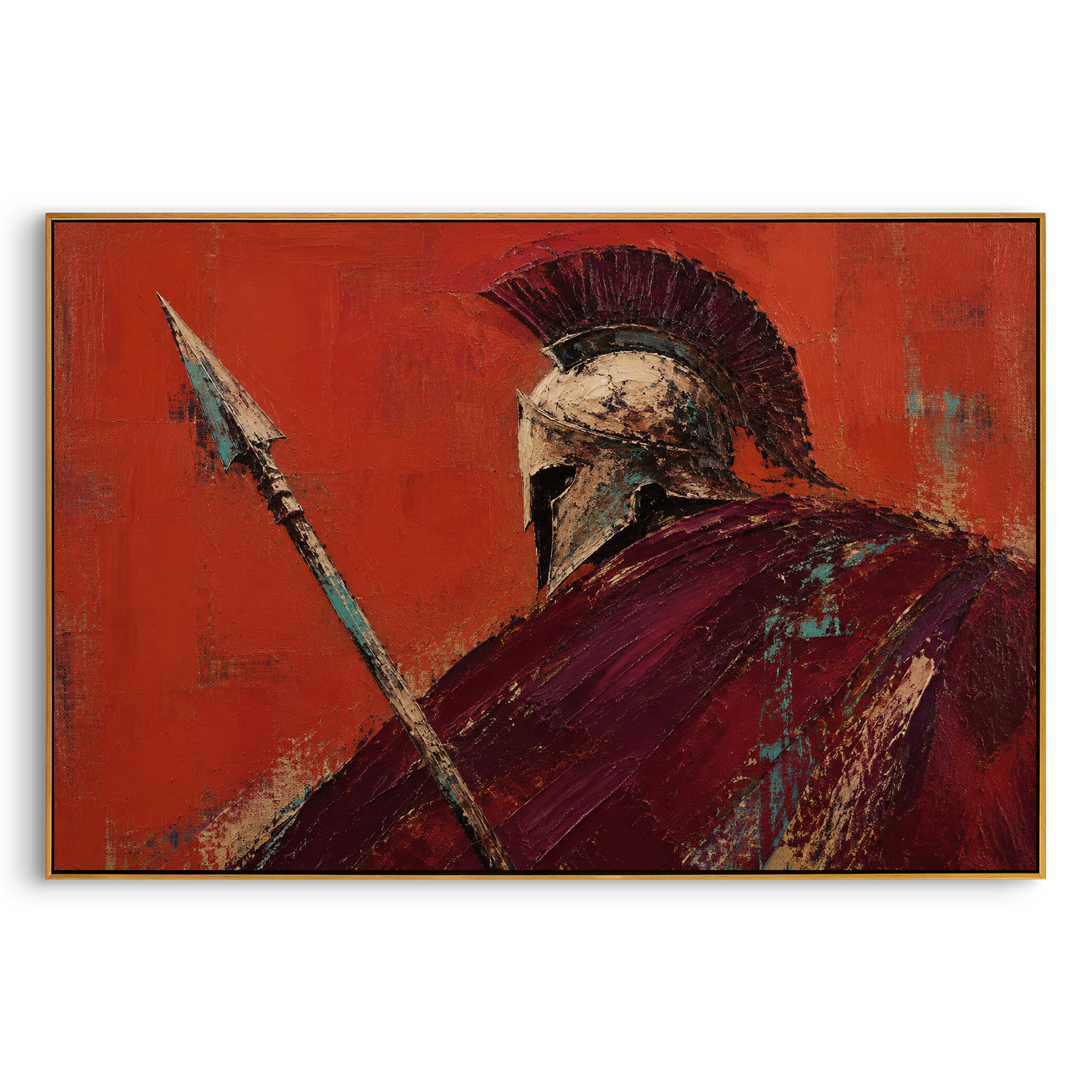 A warrior turns behind his spear, half hidden by a heavy cloak. The red ground makes the moment feel like the breath before battle, when courage is still private.