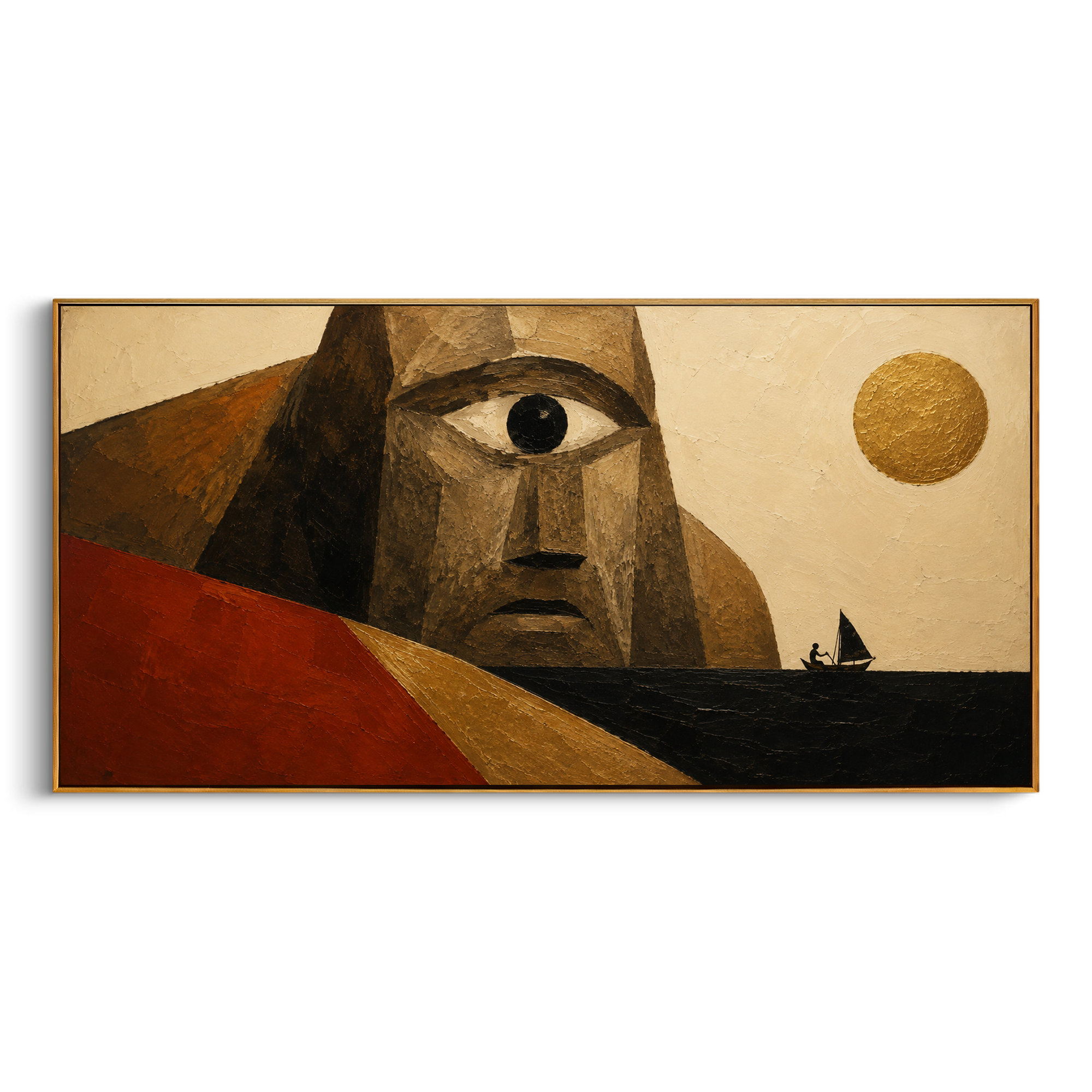 A spear cuts through the space between broken shields. The painting turns battle into aftermath, where bronze, shadow, and one red line hold the entire story.