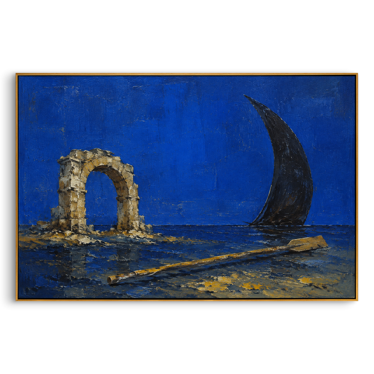 "Aegean Fragments With Shell And Sail" - Modern Heavy Impasto Coastal Landscape | Blue & White Palette Knife Painting | Luxury Horizontal Wall Art #PT 1268