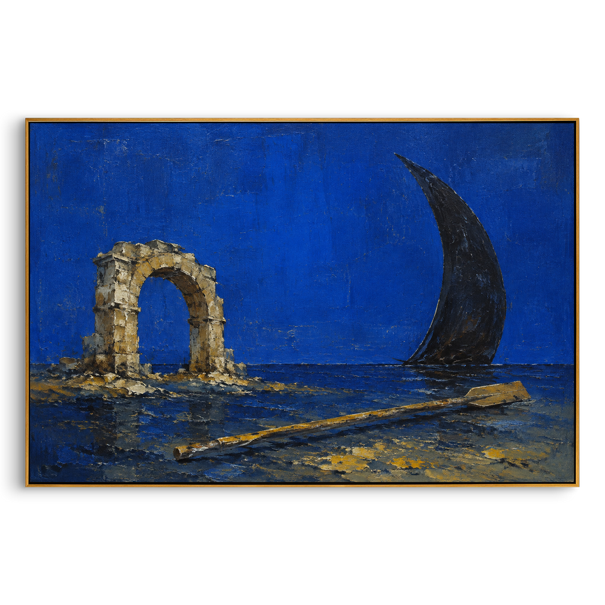 Sea fragments, a shell, and a pale sail rest like pieces washed ashore. The quiet turquoise field makes the Odyssey feel archaeological, as if the voyage has become evidence.