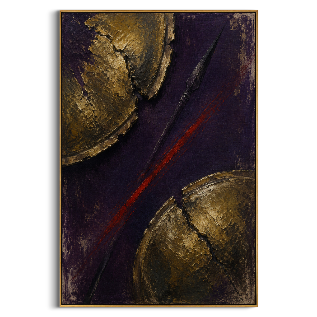 "Torn War Banner Over Bronze Shields" - Modern Heavy Impasto Abstract Artwork | Red & Golden Palette Knife Painting | Luxury Vertical Wall Art #PT 1271
