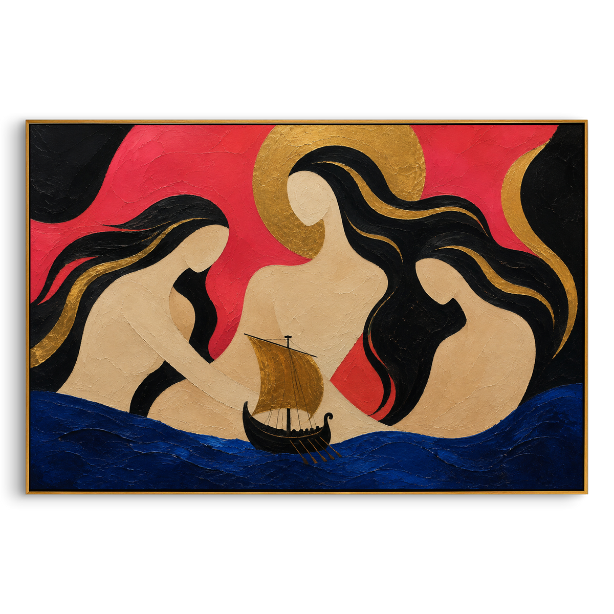 "Three Sirens Guiding The Black Ship" - Modern Heavy Impasto Coastal Landscape | Pink & Blue Palette Knife Painting | Luxury Horizontal Wall Art #PT 1274