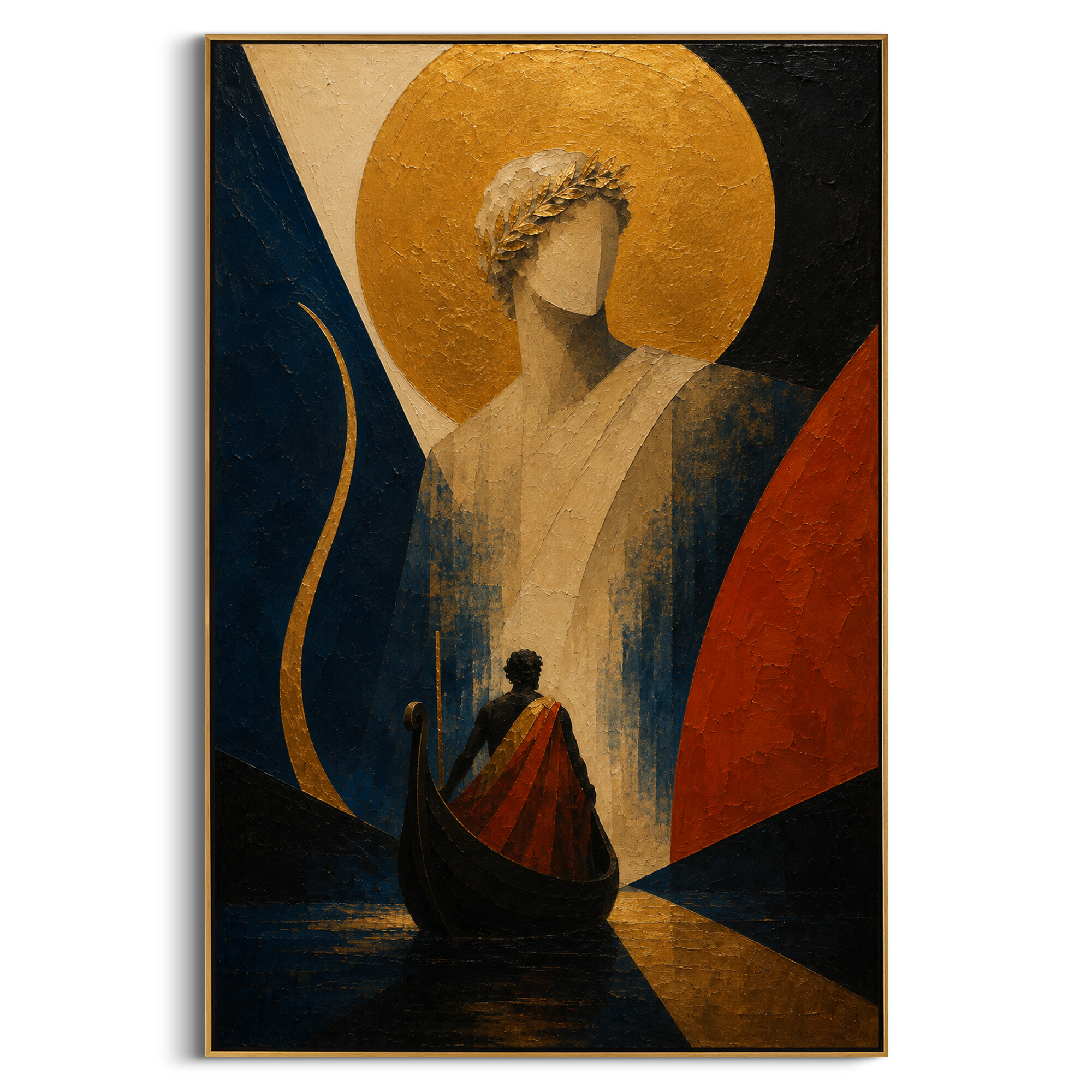 A small boat enters the shadow of a golden crowned figure. The scale turns homecoming into an audience with myth, where the traveler approaches judgment as much as arrival.
