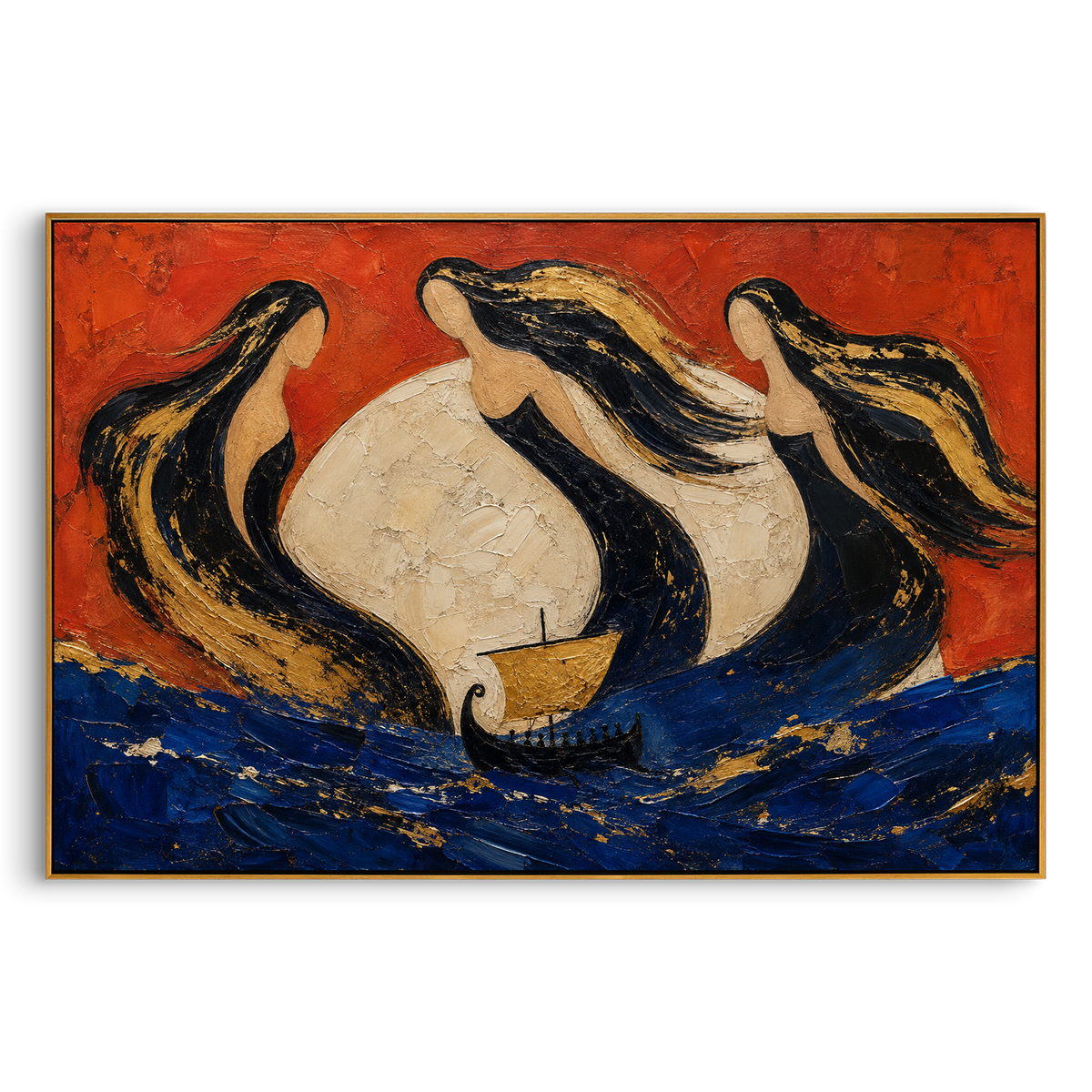 "Sirens Around The White Moon Sail" - Modern Heavy Impasto Coastal Landscape | Red & Blue Palette Knife Painting | Luxury Horizontal Wall Art #PT 1276