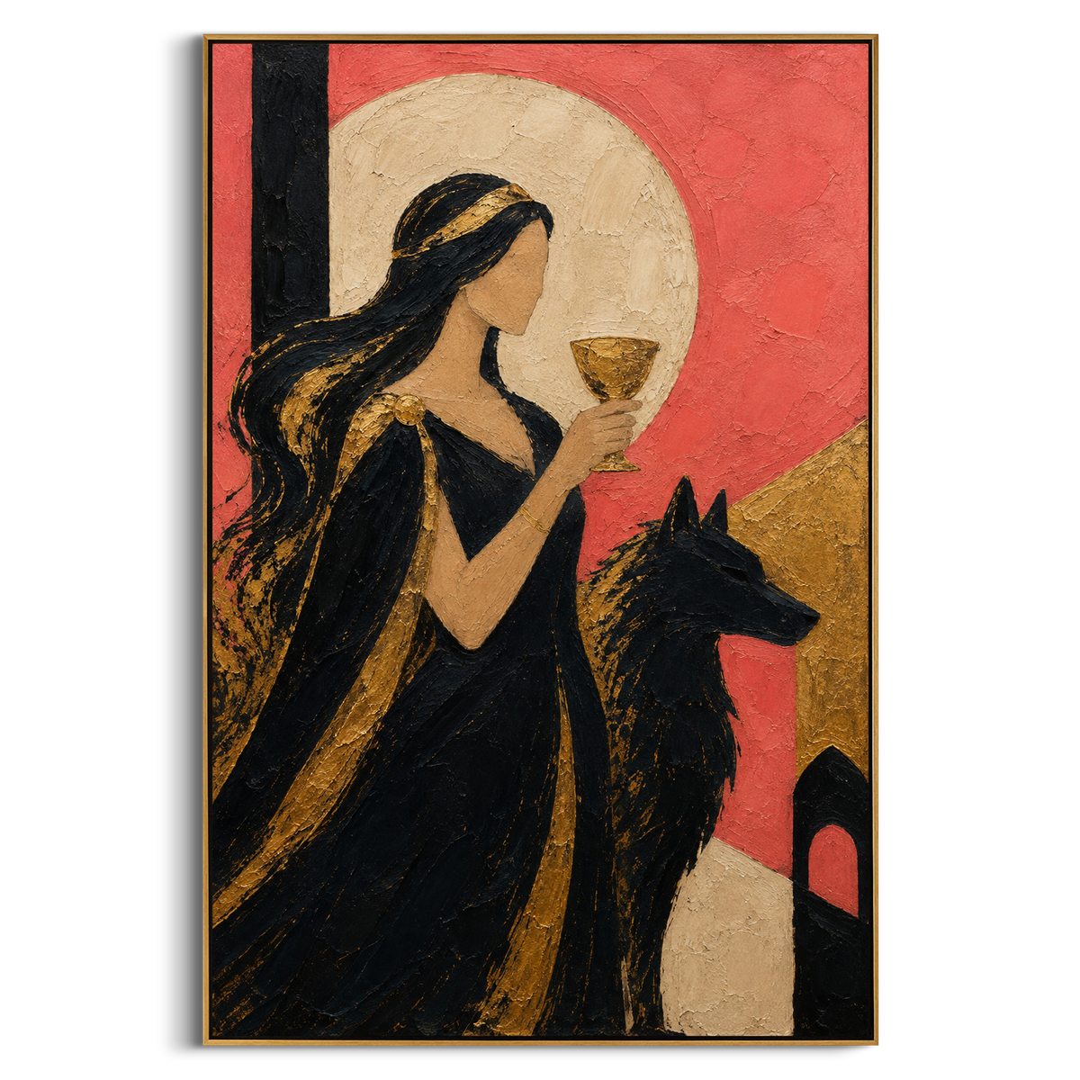 "Persephone Cup With The Black Hound" - Modern Heavy Impasto Western Animal Artwork | Pink & Black Palette Knife Painting | Luxury Vertical Wall Art #PT 1277