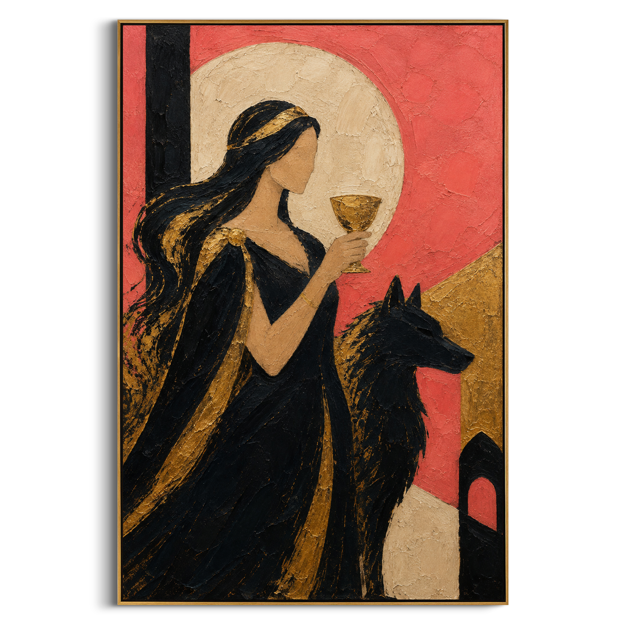 A woman raises a gold cup while a black hound stands beside her. The pink wall and pale moon make the scene feel like a private ritual at the edge of the underworld.