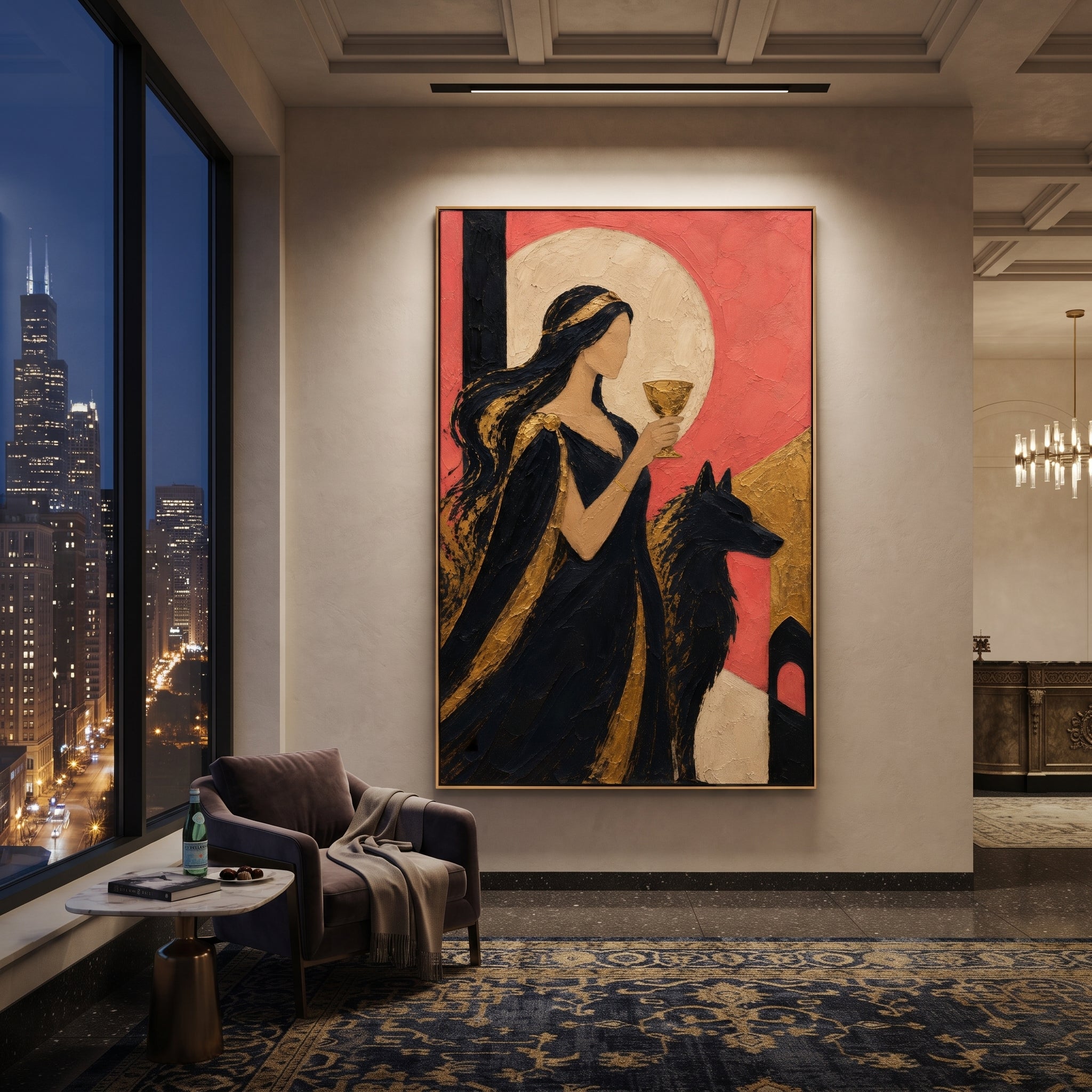 A woman raises a gold cup while a black hound stands beside her. The pink wall and pale moon make the scene feel like a private ritual at the edge of the underworld.