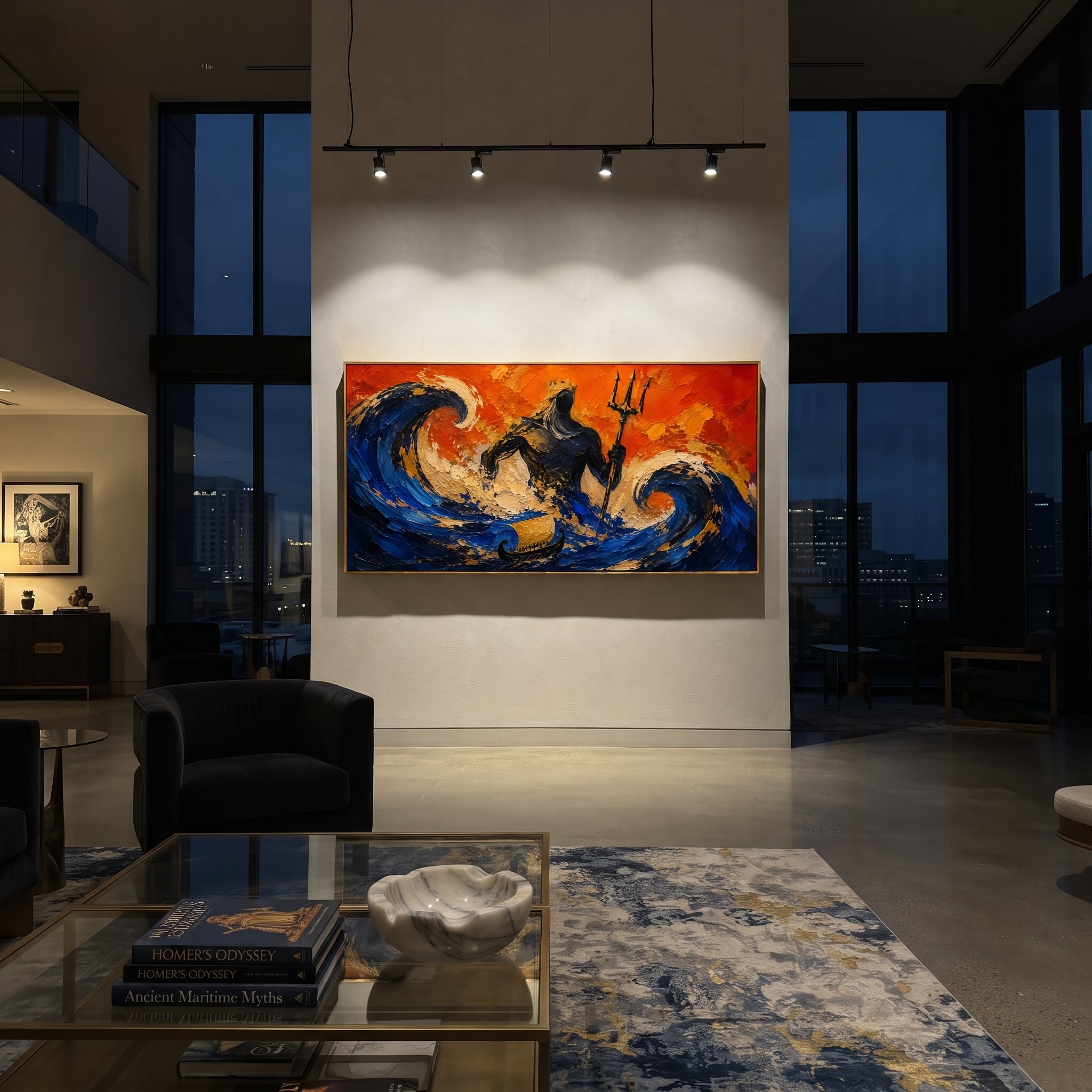 Poseidon rises inside a storm of blue waves while the ship below seems almost swallowed. The orange sky makes the sea feel angry, theatrical, and alive.