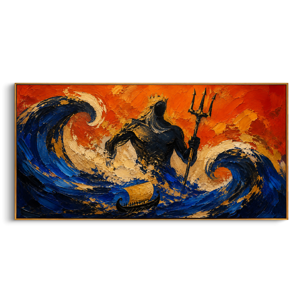 "Poseidon Storm Over The Small Ship" - Modern Heavy Impasto Coastal Landscape | Blue & Orange Palette Knife Painting | Luxury Horizontal Wall Art #PT 1278