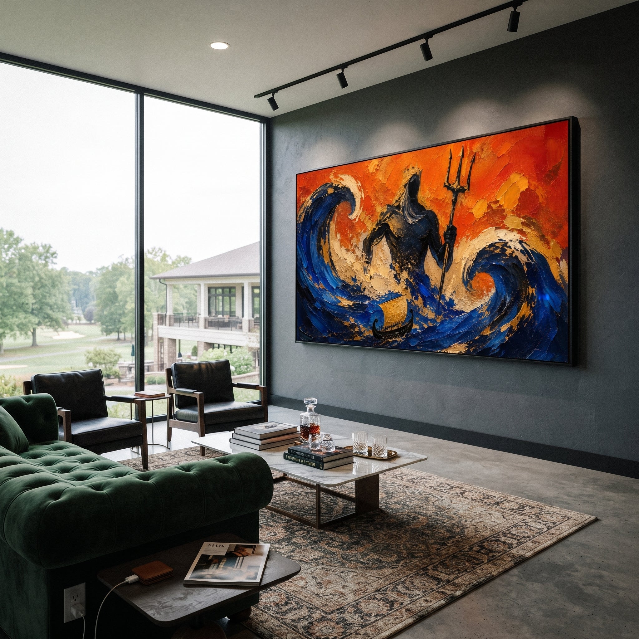 Poseidon rises inside a storm of blue waves while the ship below seems almost swallowed. The orange sky makes the sea feel angry, theatrical, and alive.