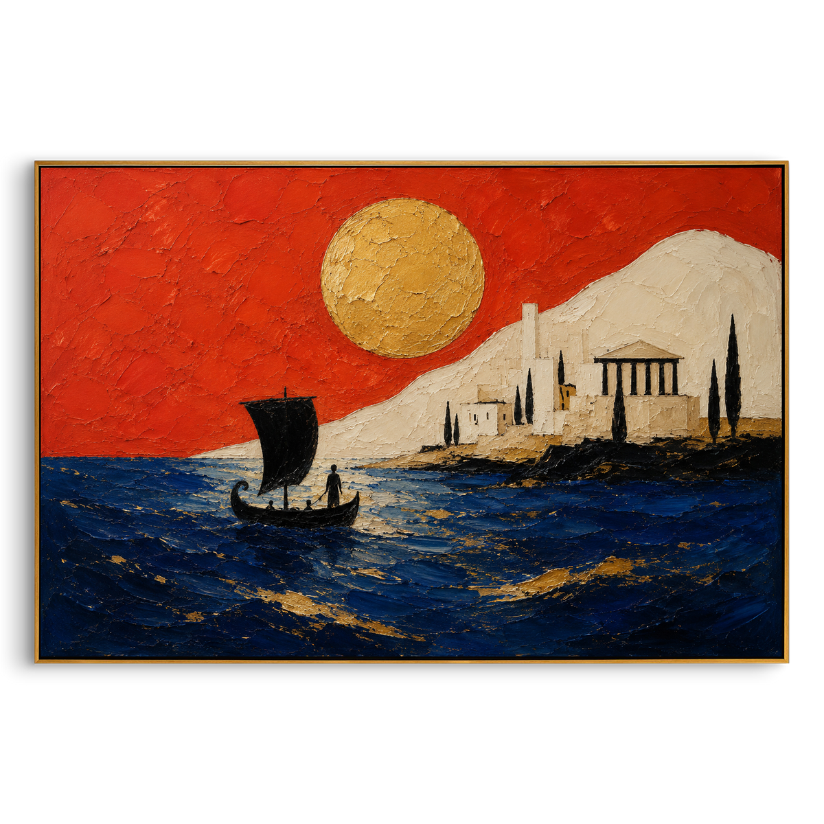 "Odysseus Returning Under The Red Sky" - Modern Heavy Impasto Coastal Landscape | Red & Blue Palette Knife Painting | Luxury Horizontal Wall Art #PT 1279