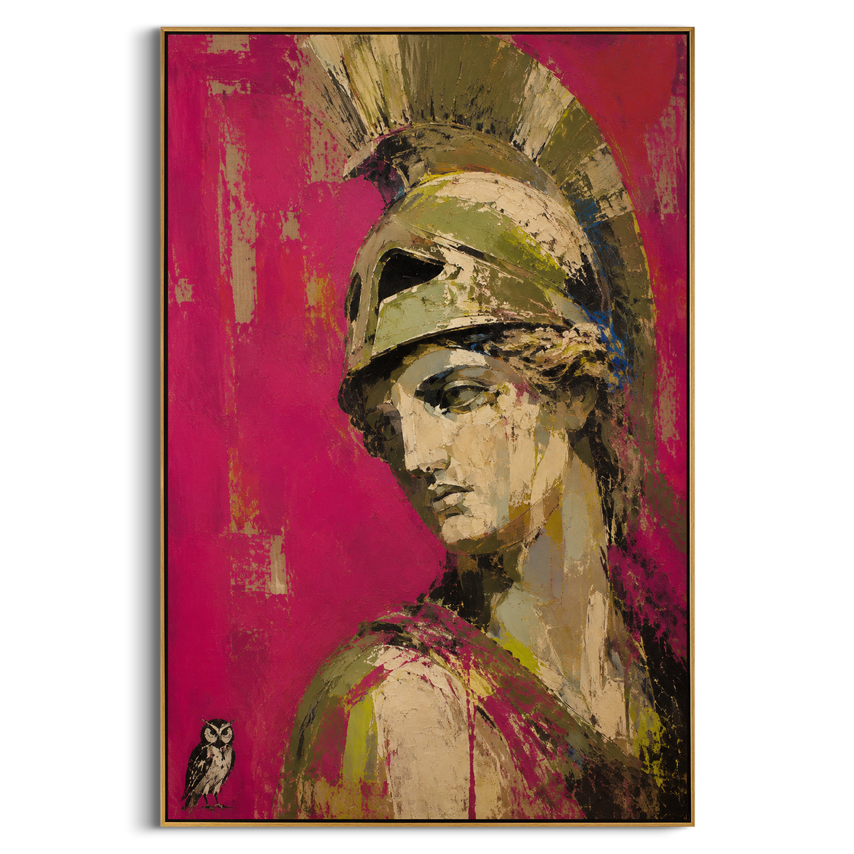 "Athena With Owl On The Rose Field" - Modern Heavy Impasto Western Animal Artwork | Pink & Green Palette Knife Painting | Luxury Vertical Wall Art #PT 1281