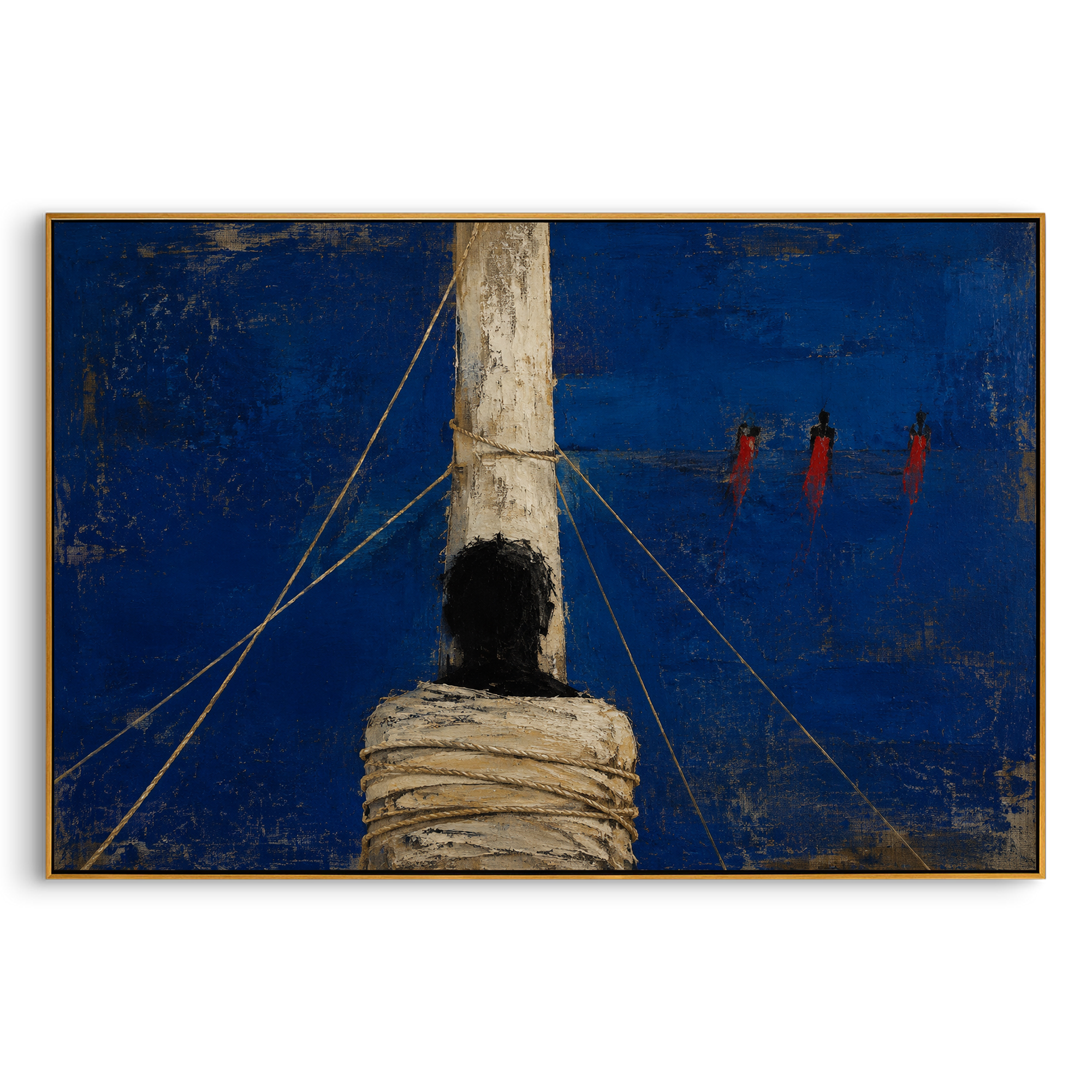 Ropes tighten around a white mast while red shapes hover in the blue distance. The image recalls the moment of resisting the sirens, where restraint becomes survival.