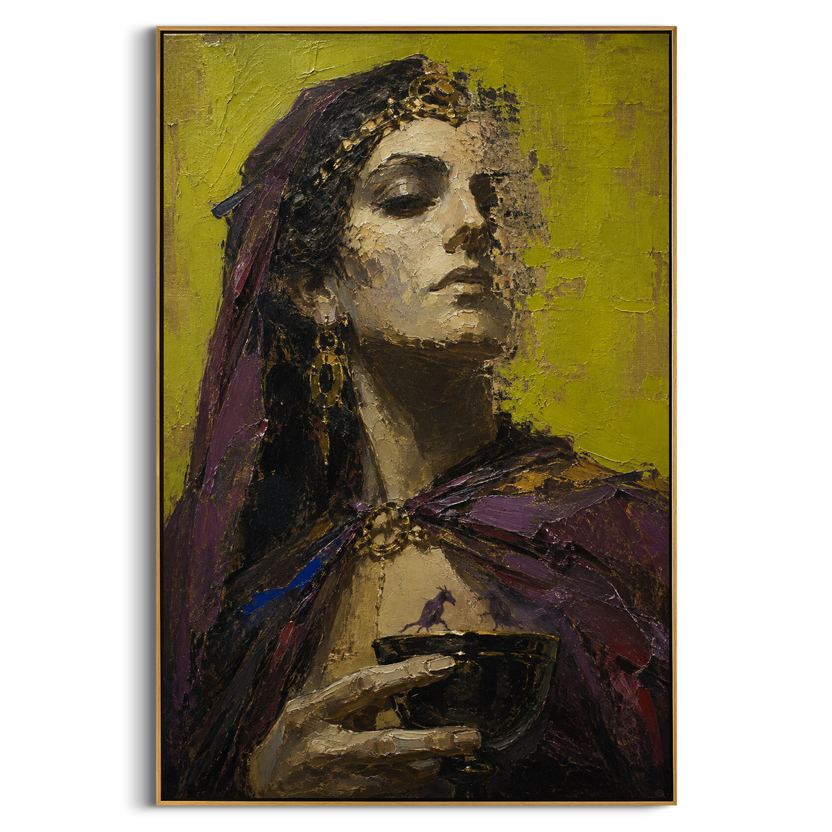 "Oracle Cup With Tiny Purple Horses" - Modern Heavy Impasto Western Animal Artwork | Green & Black Palette Knife Painting | Luxury Vertical Wall Art #PT 1283