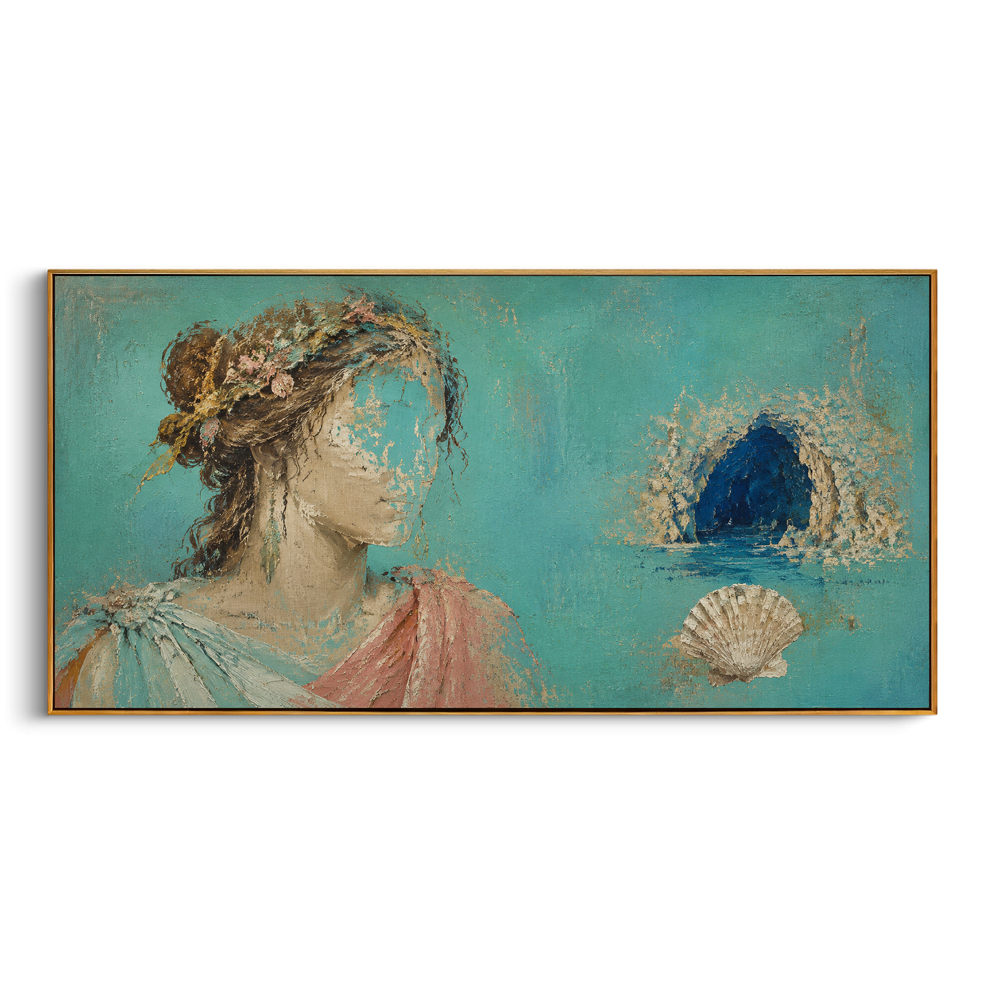 A quiet figure looks toward a blue cave and a shell resting nearby. The scene feels like Calypso's island after the voice has faded, full of beauty and separation.