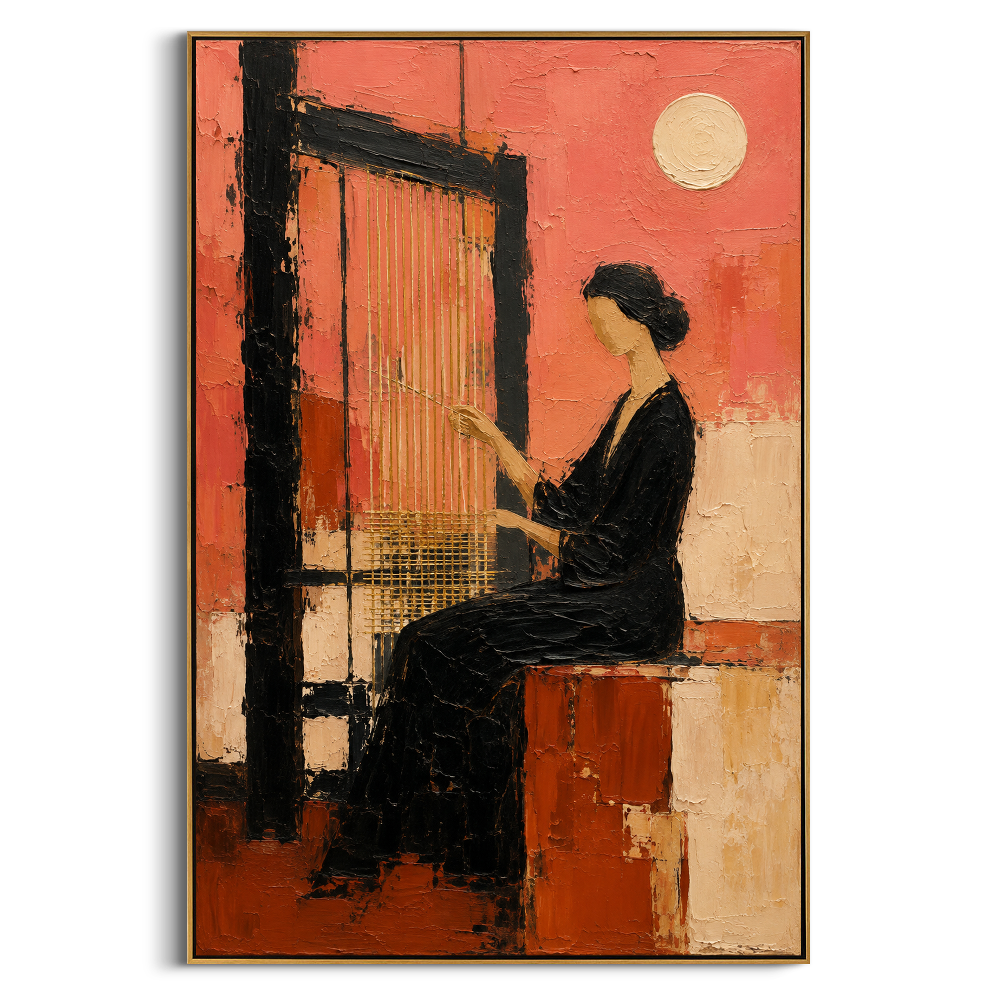 A woman works the loom beneath a pale moon, each thread holding back the night. The scene turns Penelope's patience into architecture, quiet but stronger than the room around her.
