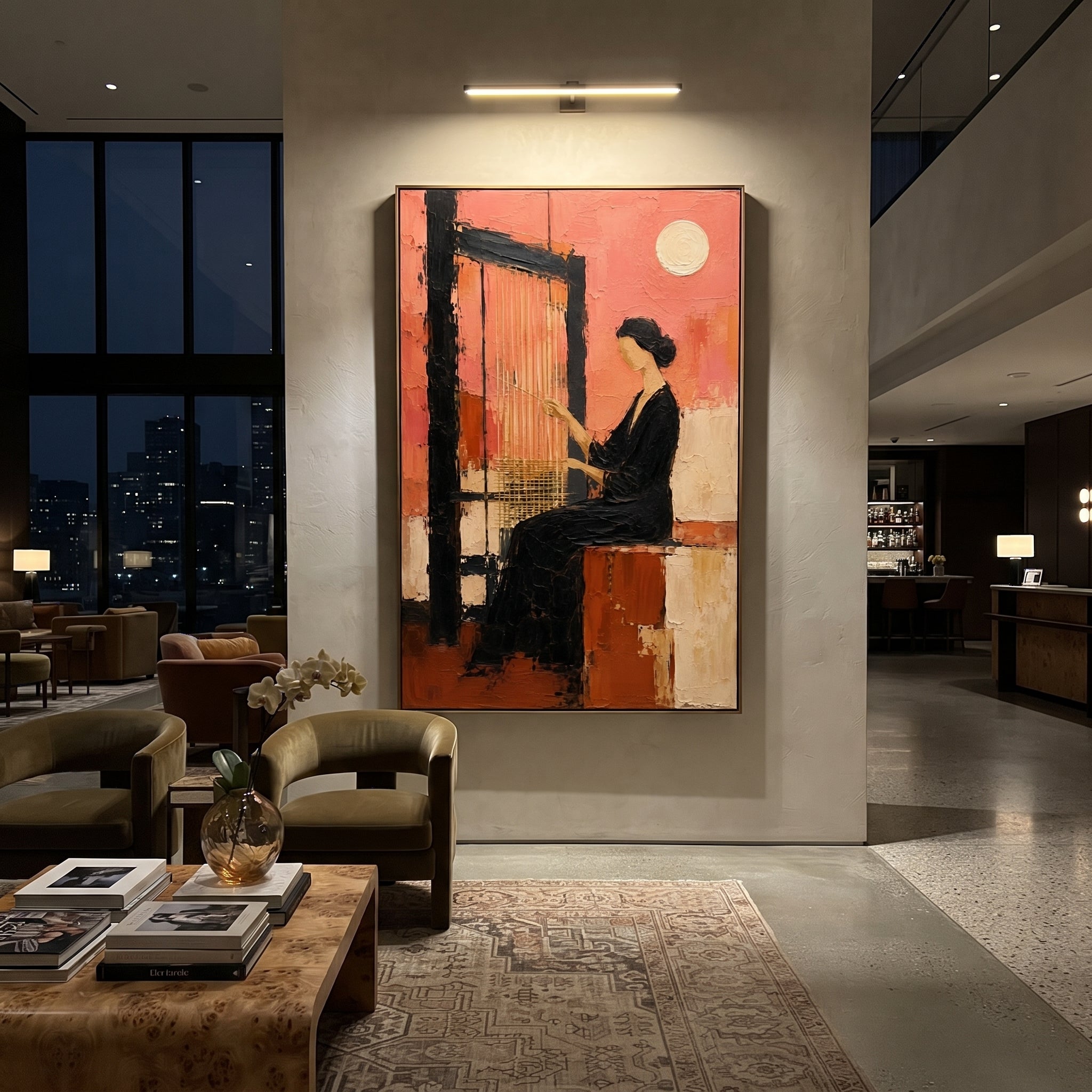 A woman works the loom beneath a pale moon, each thread holding back the night. The scene turns Penelope's patience into architecture, quiet but stronger than the room around her.