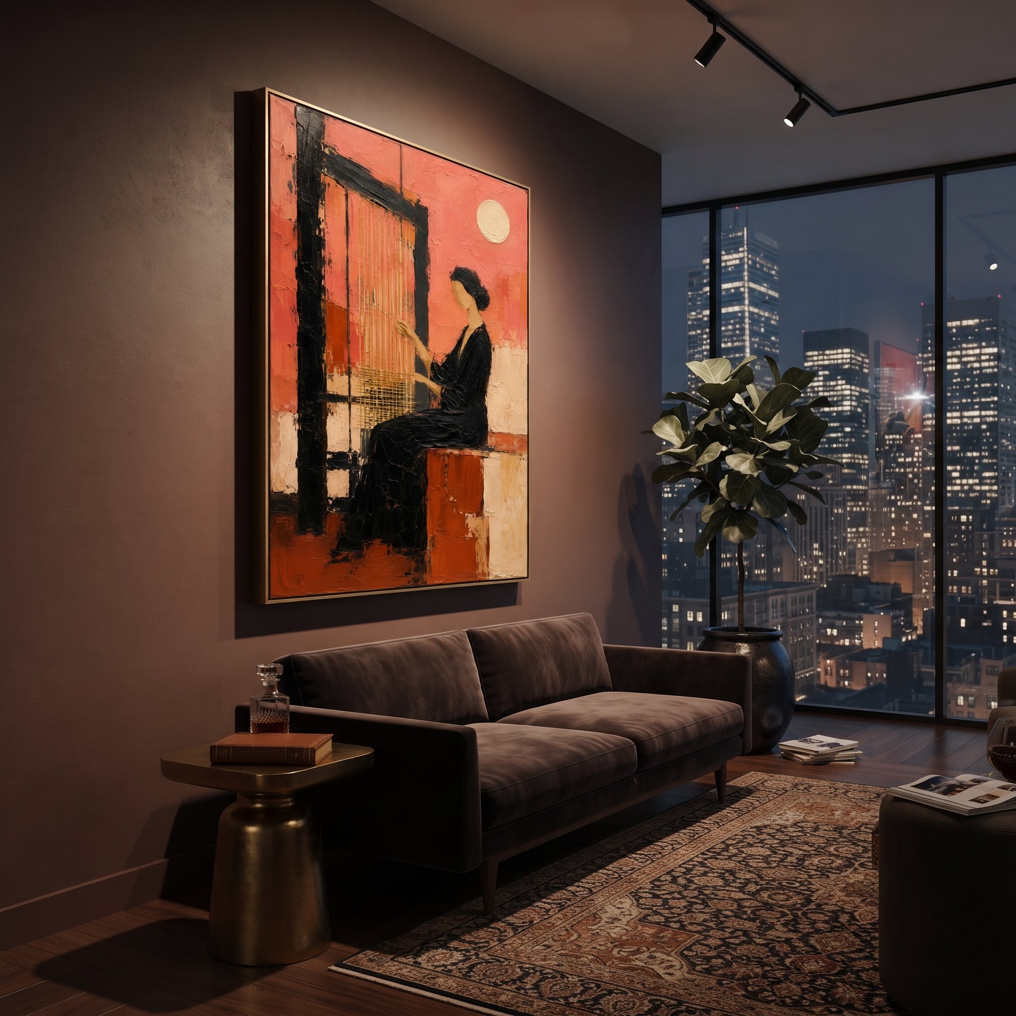 A woman works the loom beneath a pale moon, each thread holding back the night. The scene turns Penelope's patience into architecture, quiet but stronger than the room around her.