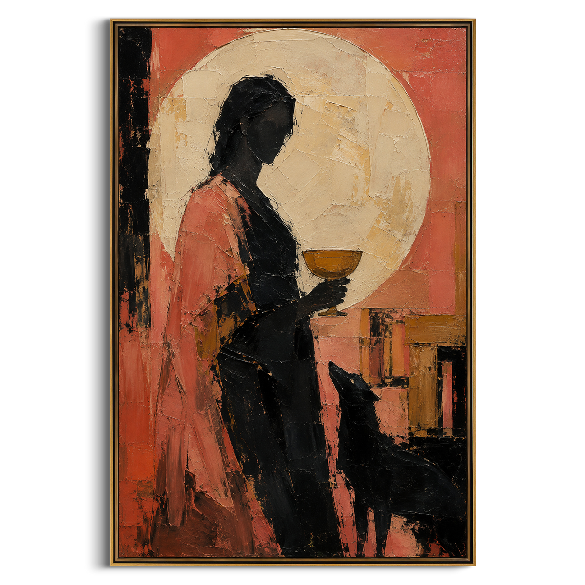 "Persephone Shadow With The Golden Cup" - Modern Heavy Impasto Western Animal Artwork | Pink & Black Palette Knife Painting | Luxury Vertical Wall Art #PT 1286