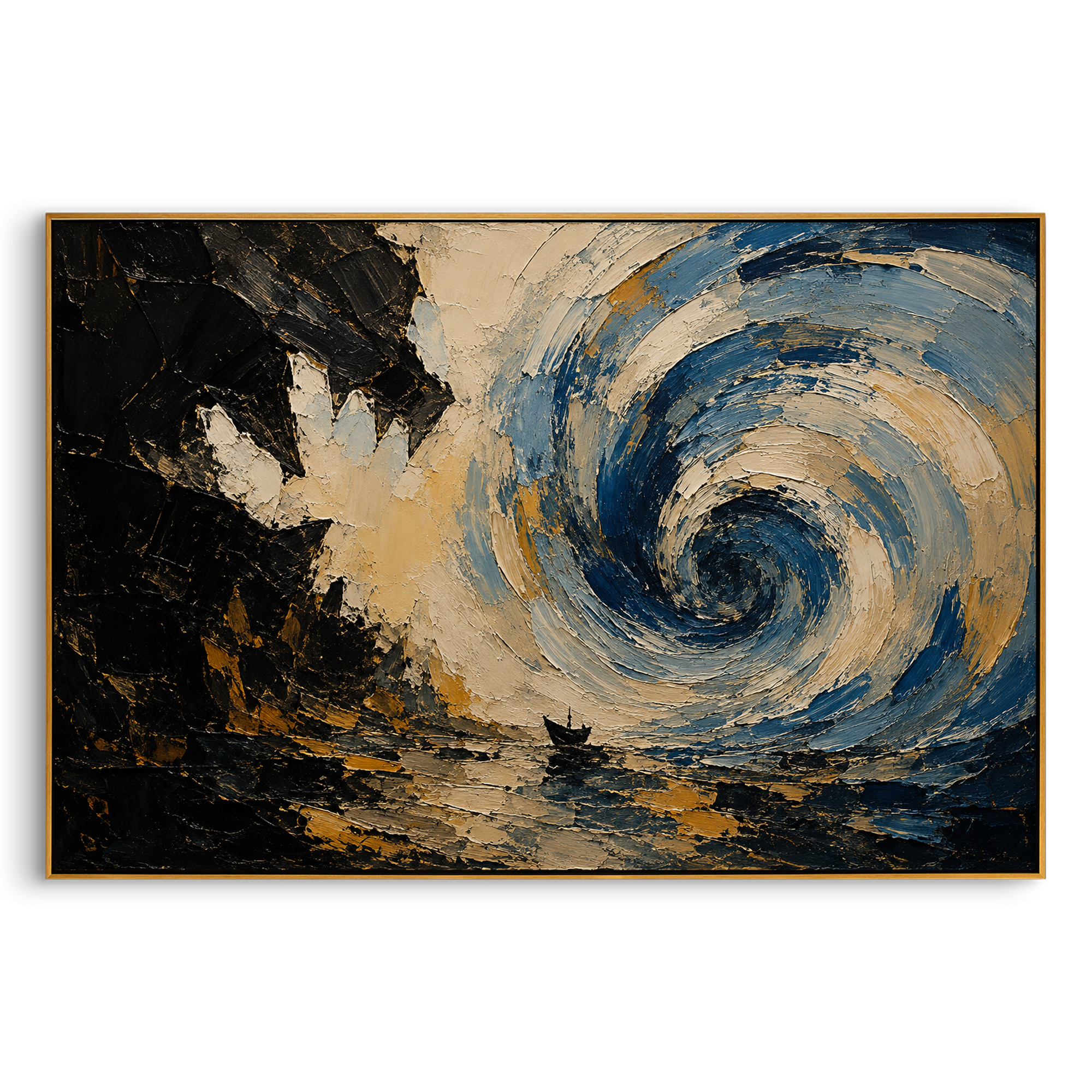 Three figures sweep around a gold sail as the sea lifts beneath them. Their motion feels like music made visible, pulling the ship toward desire and danger.