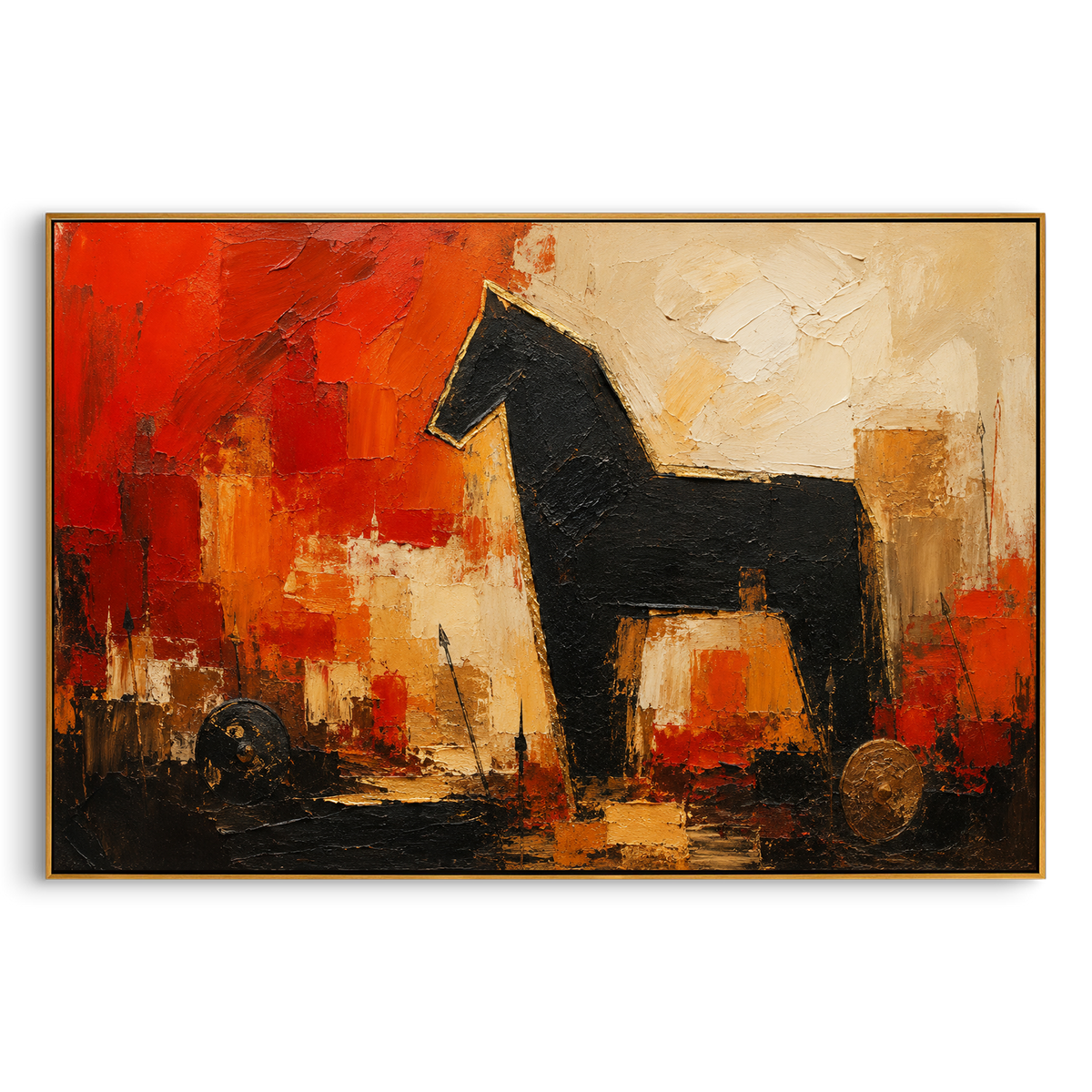 "Golden Archers Along The Blue City" - Modern Heavy Impasto Geometric Abstract | Blue & Golden Palette Knife Painting | Luxury Horizontal Wall Art #PT 1290