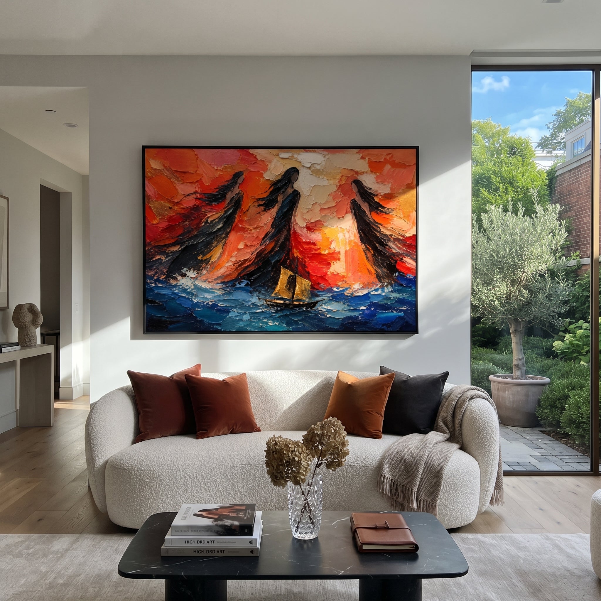 A black horse rises over a red city while spears and shields wait below. The painting makes the Trojan Horse feel monumental, clever, and ominously still.