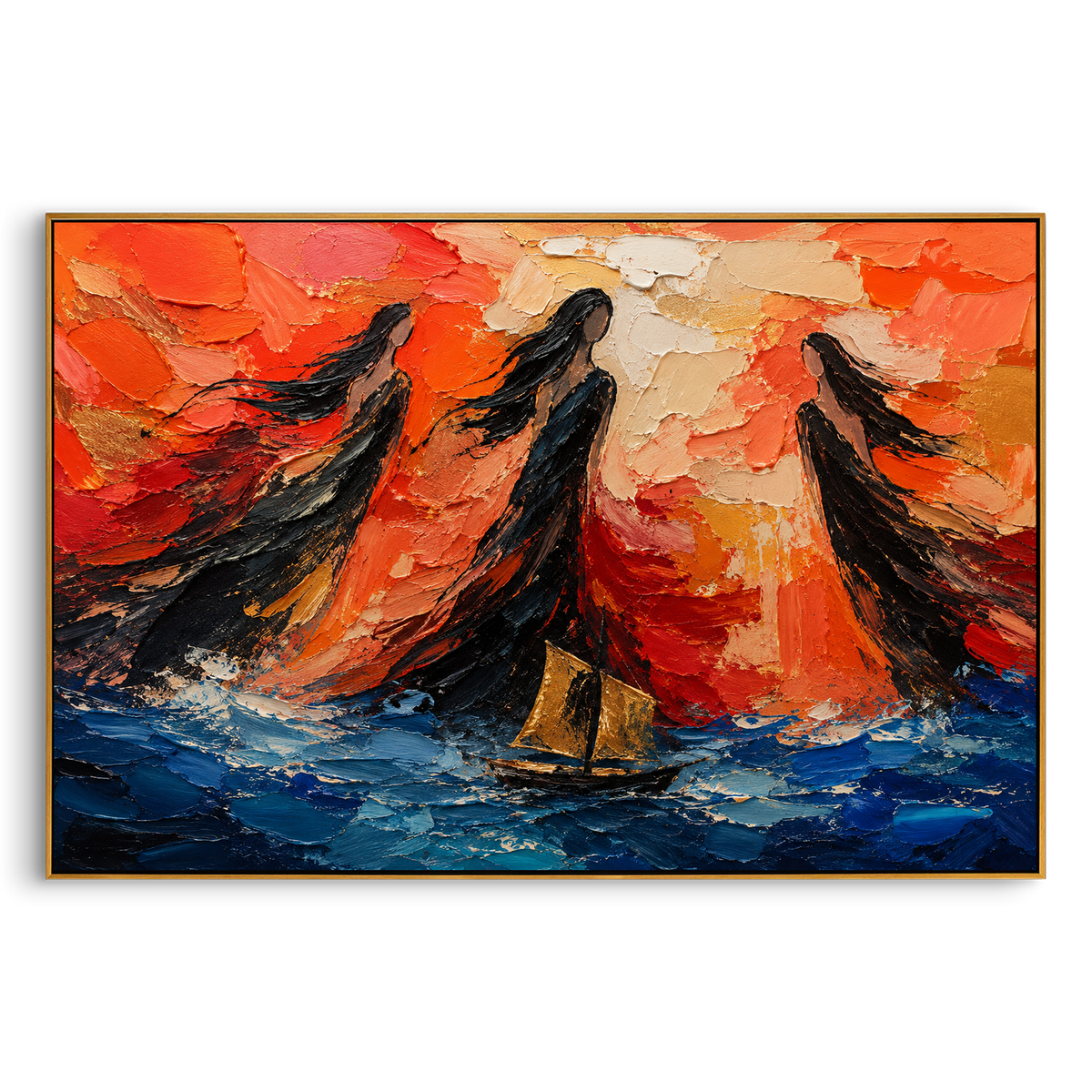 "Red Sky Horse Of Troy" - Modern Heavy Impasto Western Animal Artwork | Red & Black Palette Knife Painting | Luxury Horizontal Wall Art #PT 1291