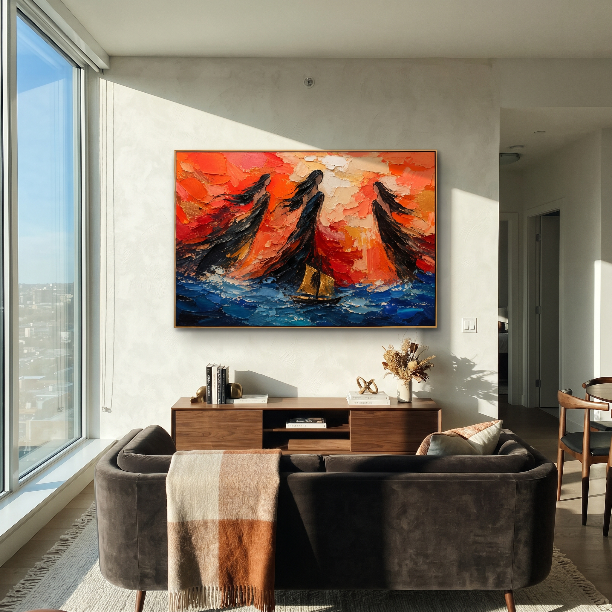 A black horse rises over a red city while spears and shields wait below. The painting makes the Trojan Horse feel monumental, clever, and ominously still.