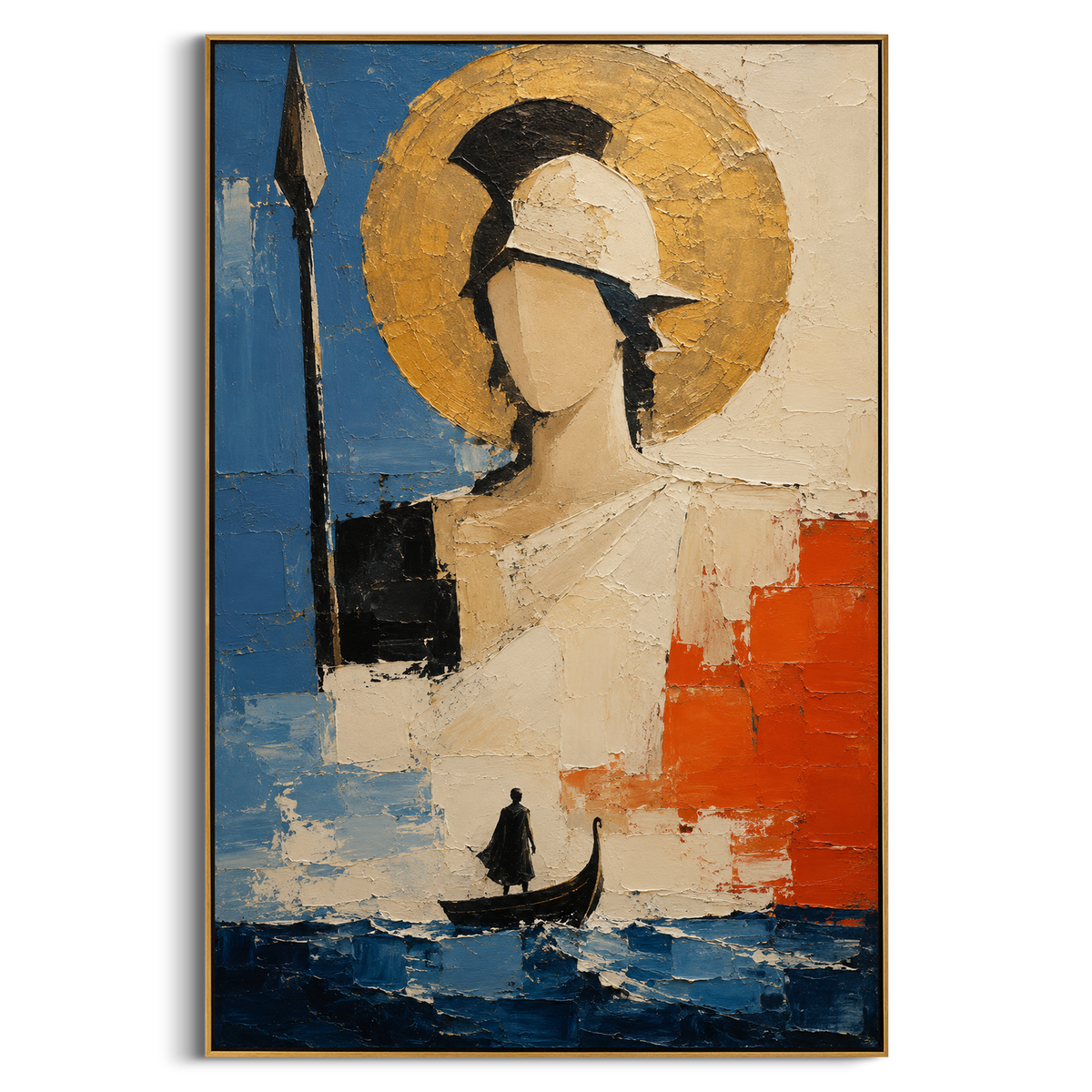 "Odysseus Before The Athena Gate" - Modern Heavy Impasto Coastal Landscape | Blue & Golden Palette Knife Painting | Luxury Vertical Wall Art #PT 1292